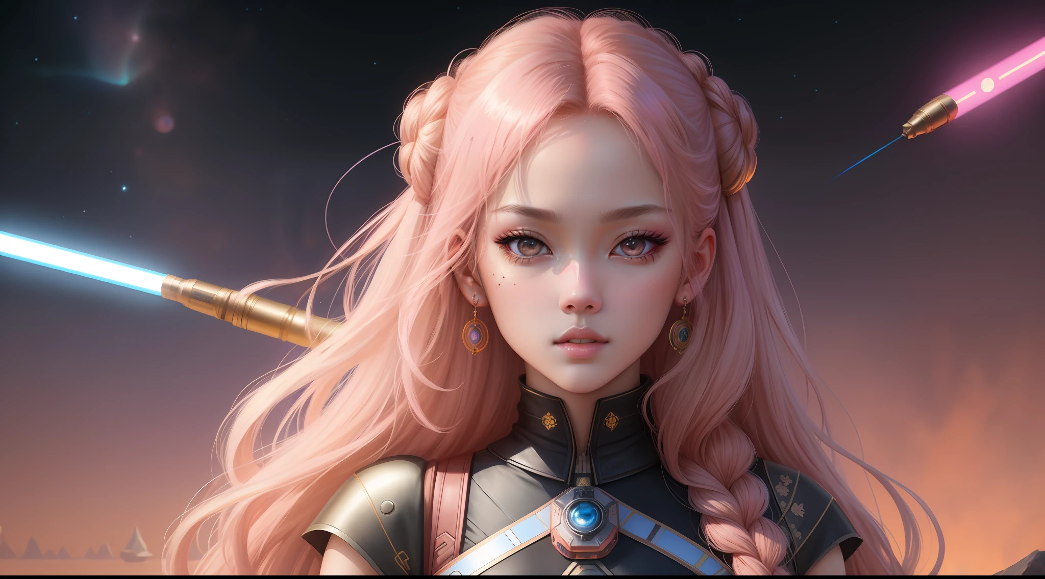 (masterpiece), (full body, full full body), realistic, (portrait of 23 years Rosé Blackpink), jedi padawan, beautiful face, beautiful face, sunlight, cinematic light, fringe, a beautiful woman, serious look, combat pose, blue lightsaber, beautiful eyes, perfect eyes, small moles under the left eye, light blonde hair, perfect anatomy, very beautiful, princess eyes, (hazelnut eyes), Ulzzang makeup, (head frame), centered image, stylized, bioluminescence, 8 full size, 8k resolution, black and pink jedi costume, human hands, full wonder, elegant, approaching perfection, space station background, dynamic, highly detailed, character sheet, smooth, facing directly to the viewer positioned so that his body is symmetrical and balanced, Incredibly beautiful woman, detailed hairstyle, Lisa Blackpink, ChilloutMix, Korean Likeness doll, alphonse mucha inspired