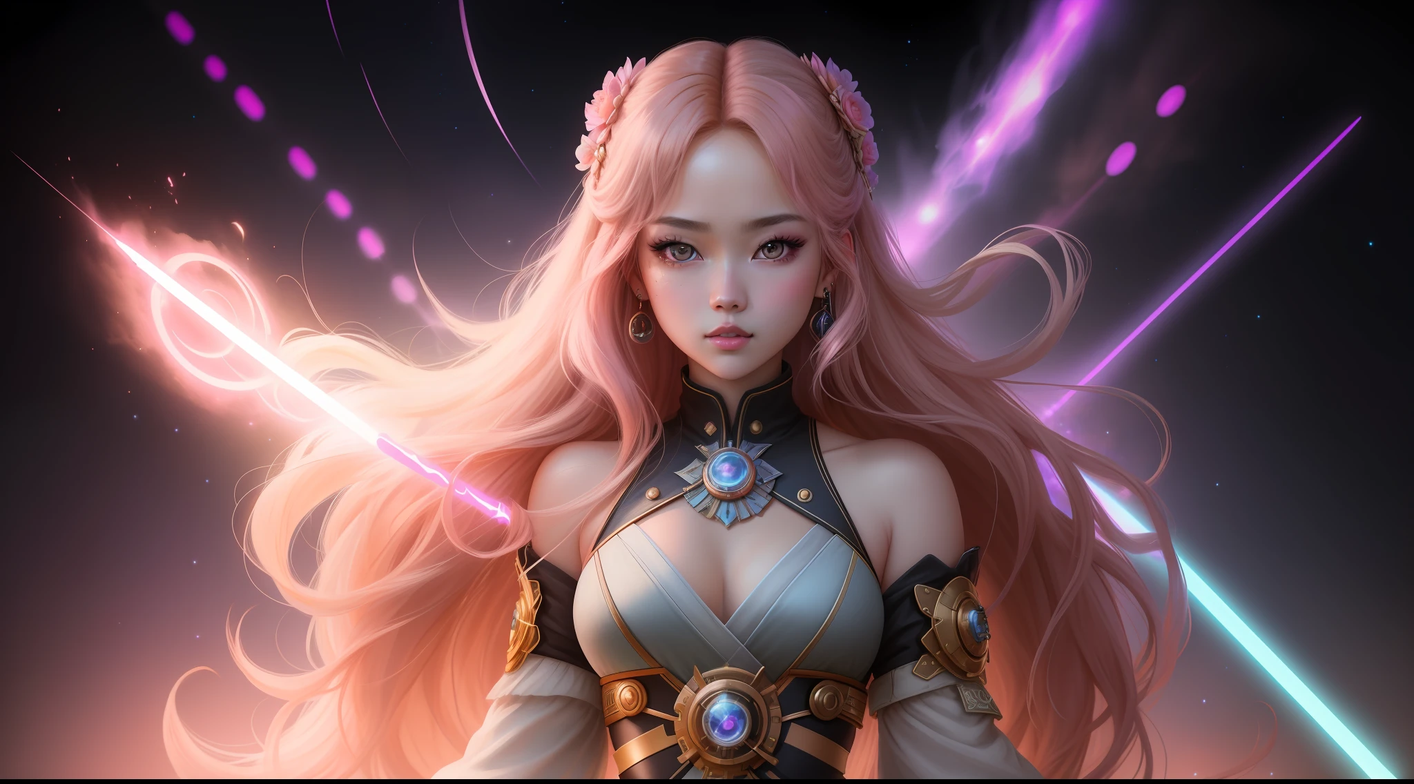 (masterpiece), (full body, full full body), realistic, (portrait of 23 years Rosé Blackpink), jedi padawan, beautiful face, beautiful face, sunlight, cinematic light, fringe, a beautiful woman, serious look, combat pose, blue lightsaber, beautiful eyes, perfect eyes, small moles under the left eye, light blonde hair, perfect anatomy, very beautiful, princess eyes, (hazelnut eyes), Ulzzang makeup, (head frame), centered image, stylized, bioluminescence, 8 full size, 8k resolution, black and pink jedi costume, human hands, full wonder, elegant, approaching perfection, space station background, dynamic, highly detailed, character sheet, smooth, facing directly to the viewer positioned so that his body is symmetrical and balanced, Incredibly beautiful woman, detailed hairstyle, Lisa Blackpink, ChilloutMix, Korean Likeness doll, alphonse mucha inspired