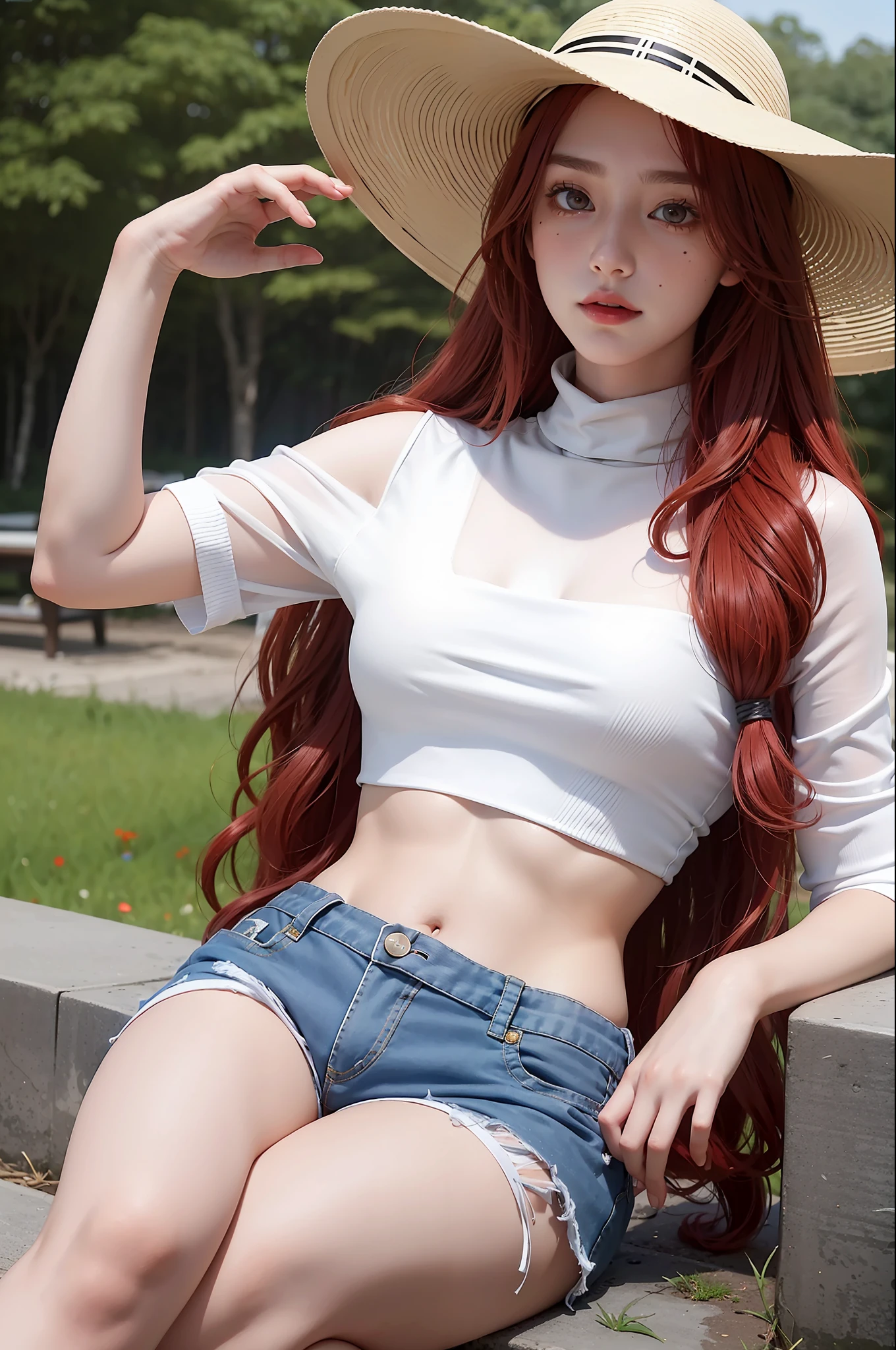 realistic, high resolution, 1 girl, red wavy hair, korean, heterochromic eyes, small moles under the eyes, loose turtleneck opaque white shirt with shawl, denim shorts, sun hat, lower abdomen, thighs, garden, husky,