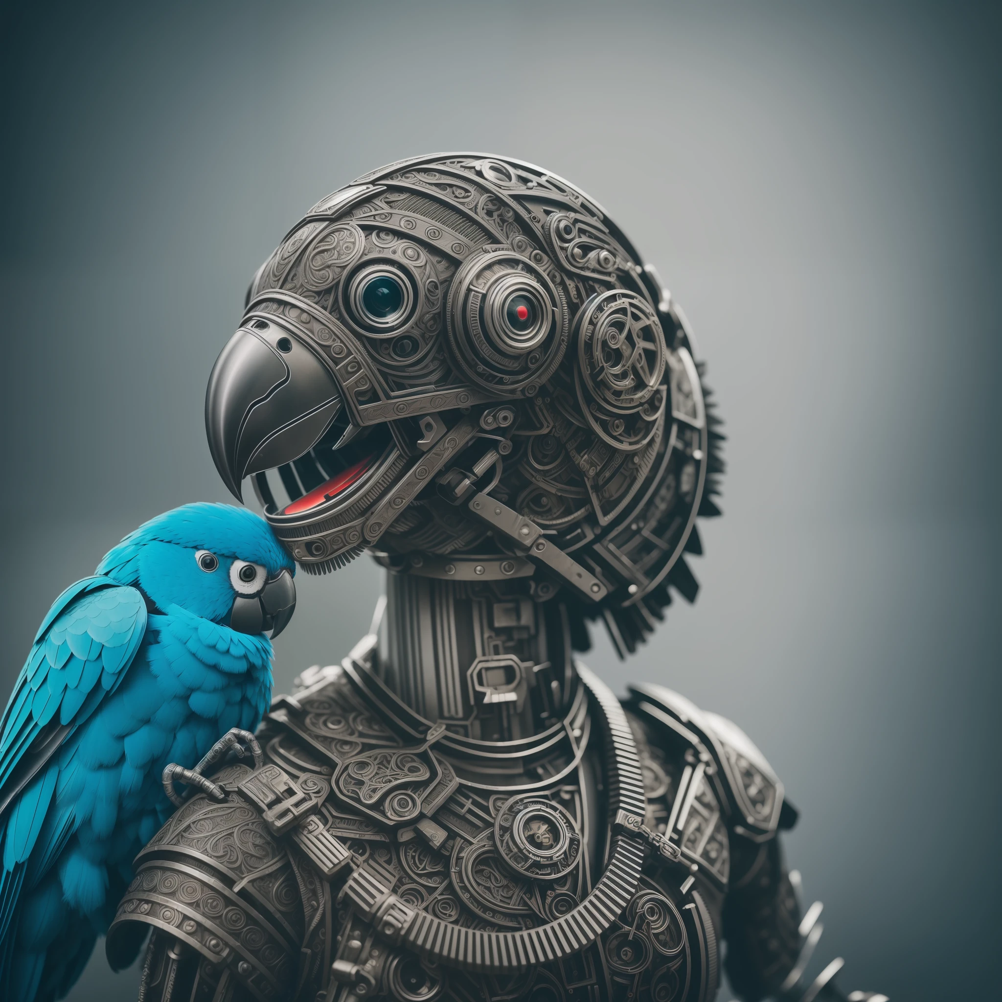 RAW photos, cute parrots made of metal, cyborgs, cyberpunk style, ((intricate detail)), hdr, ((intricate detail, hyperdetail)), cinematic shots, vignettes, (high detail skins:1.2), 8k uhd, dslr, Fujifilm XT3 --auto --s2