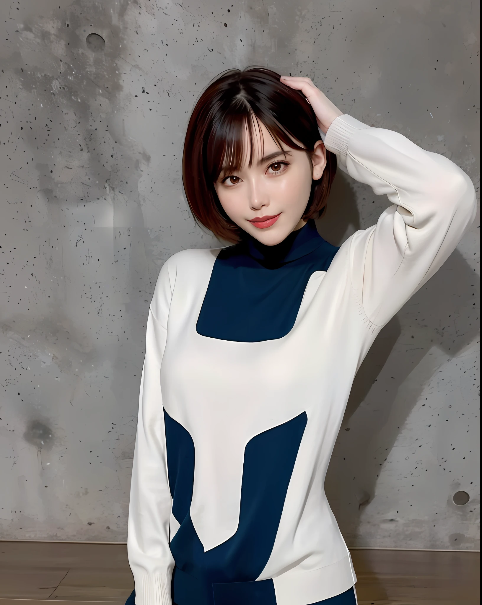 best quality, photorealistic, 8k, high res, 1girl, woman, (skindentation), (professional lighting), (portrait:0.6), gorgeous, brunette, ((white plain background:1.2)), (small breast, blue polo-neck sweater, parted bangs, short hair:1.5), (looking at the viewer), 1girl sleepy eyes looking at viewer:1.5, photorealistic, (bokeh), (portait:0.6), gorgeous, (dynamic pose:1.2), smile:1.9,