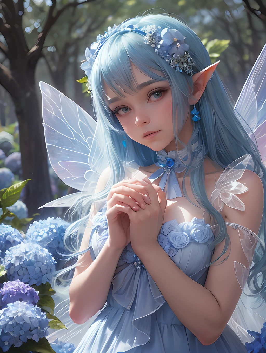 full body, fantasy, (cowboy shots: 1.3), (blue hair), (blue gradient hair), (hydrangea hair ornament), fairy, fantasy clothes, (transparent fairy feathers), blue skin, pixie ears, (in the Enchanted Forest: 1.3), (blue neon tree), (night: 1.4), (neon fireflies), glowing dust, white particles in the air, fantasy costumes, (transparent fairy wings), fairy ears, Gods, boy, hydrangea blue flowers, in the blue hydrangea field, reaching out to hydrangea --auto --s2
