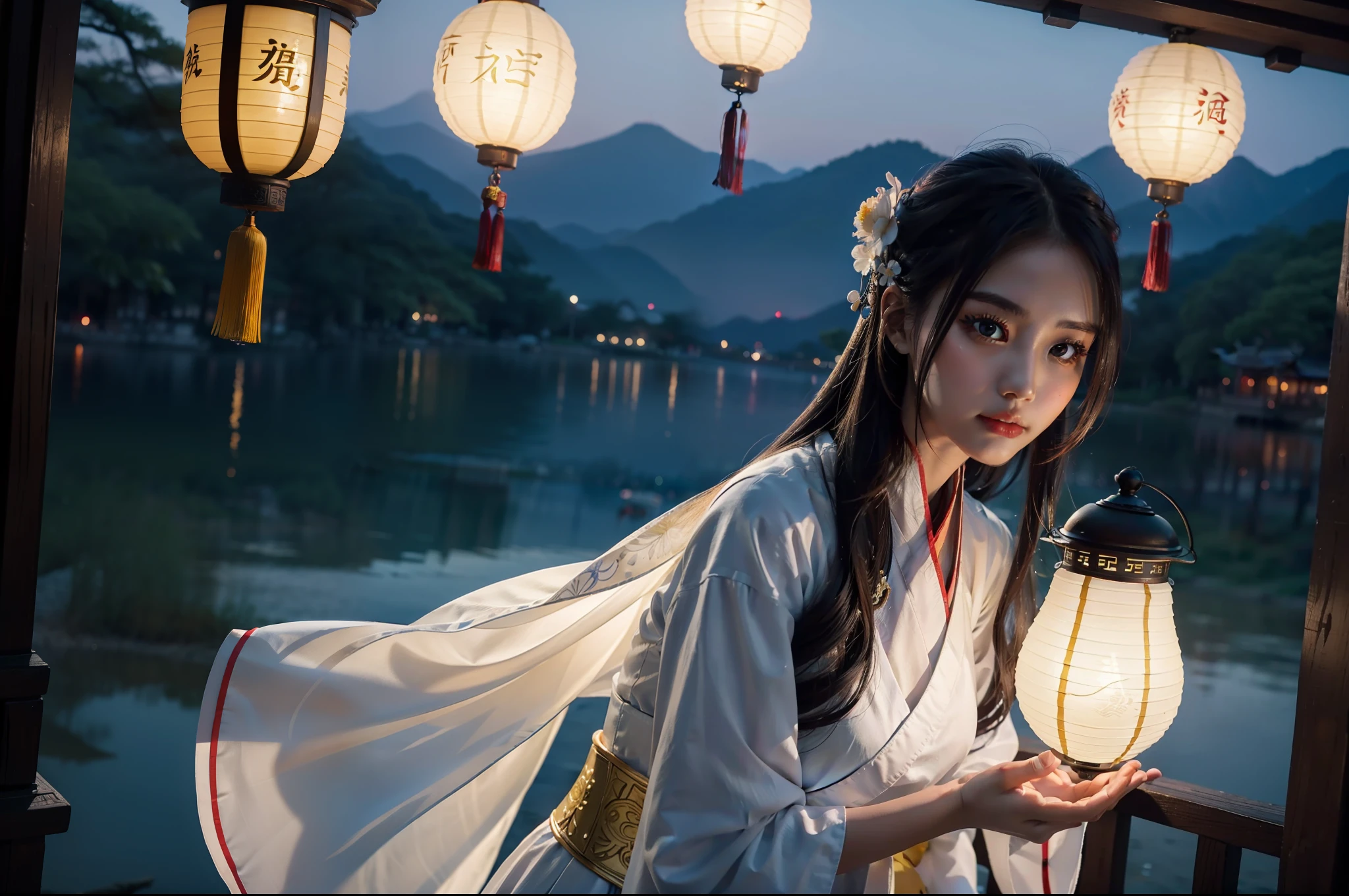 A gorgeous model dressed in white Hanfu and holding an ancient Chinese yellow lantern in her hand, by the dreamy West Lake of Hangzhou, outdoors, deep blue sky in the early morning, night view, photography grade lighting, 4K, product shooting, realistic details, perfect photos, close-up -ar 3:4 --q 2 --v 5 --s 750