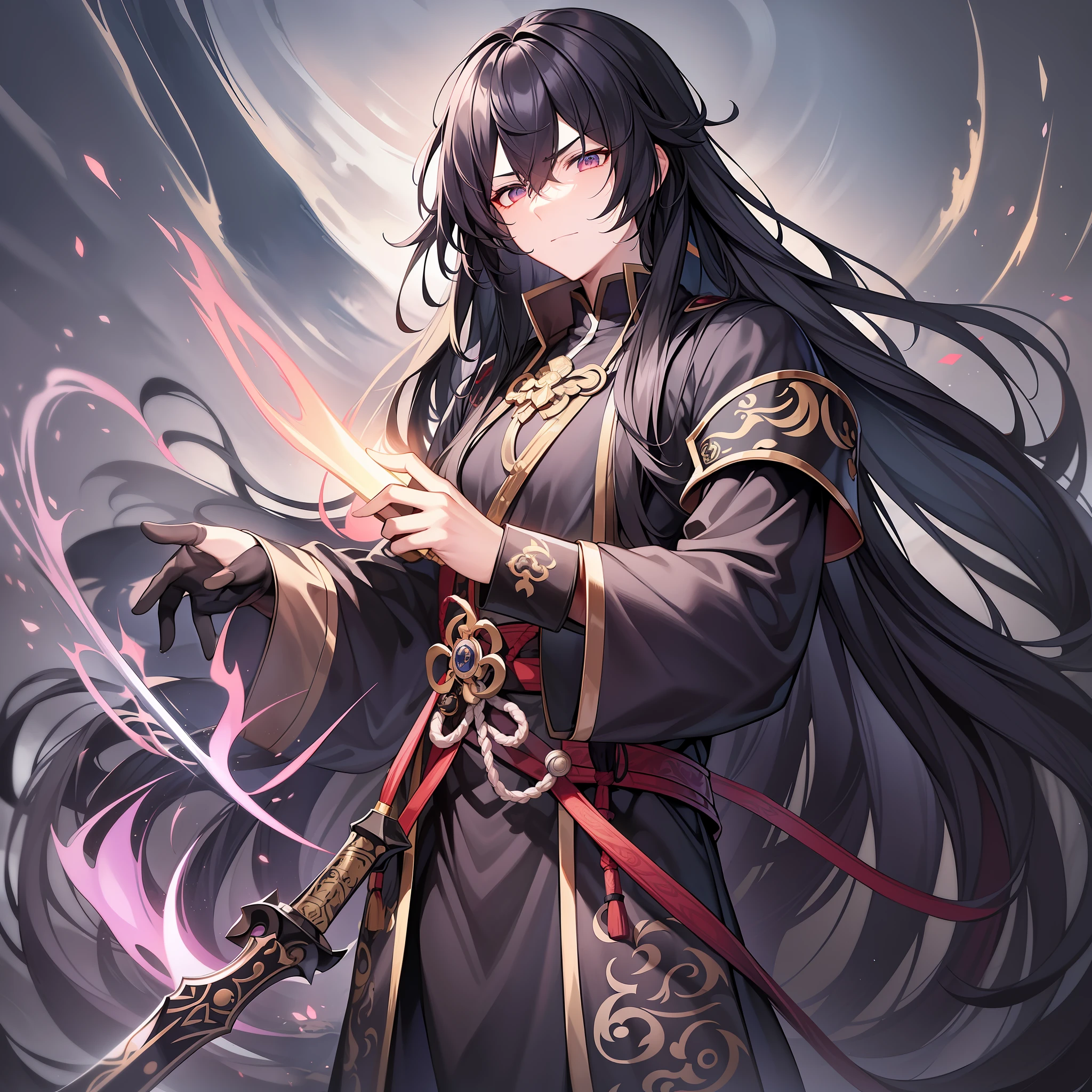 In the middle of this vast mountain, a long-haired black-haired Taoist priest with a weapon appears in the center of the picture.
He wore a black Taoist robe, a sword hanging from his waist, and a spear in his hand, with a solemn and solemn expression. His long hair was draped over his shoulders and trembled slightly, like a flag on a mountain peak, showing his fortitude and ruthlessness.
The whole picture uses brown tones, plus a light mist, creating a sense of depth in the mountains and forests. The image of the Taoist priest is sharp and heavy, which complements the harmony of the background, forming a complete and unified picture.
Through his image and expression, this Taoist priest showed a cold demeanor and strong mental power. His eyes have a strong penetration, making people feel that he has both strong inner strength and a strong and firm will, always pursuing his ideals and goals.
The whole picture is full of strong boldness and masculinity, conveying a spirit of unyielding and strong and unyielding, showing the protagonist's persistence and efforts for his own ability, pursuit and loyalty. At the same time, the picture also conveys a sense of mystery and depth, allowing the viewer to feel a wonderful and desirable feeling.