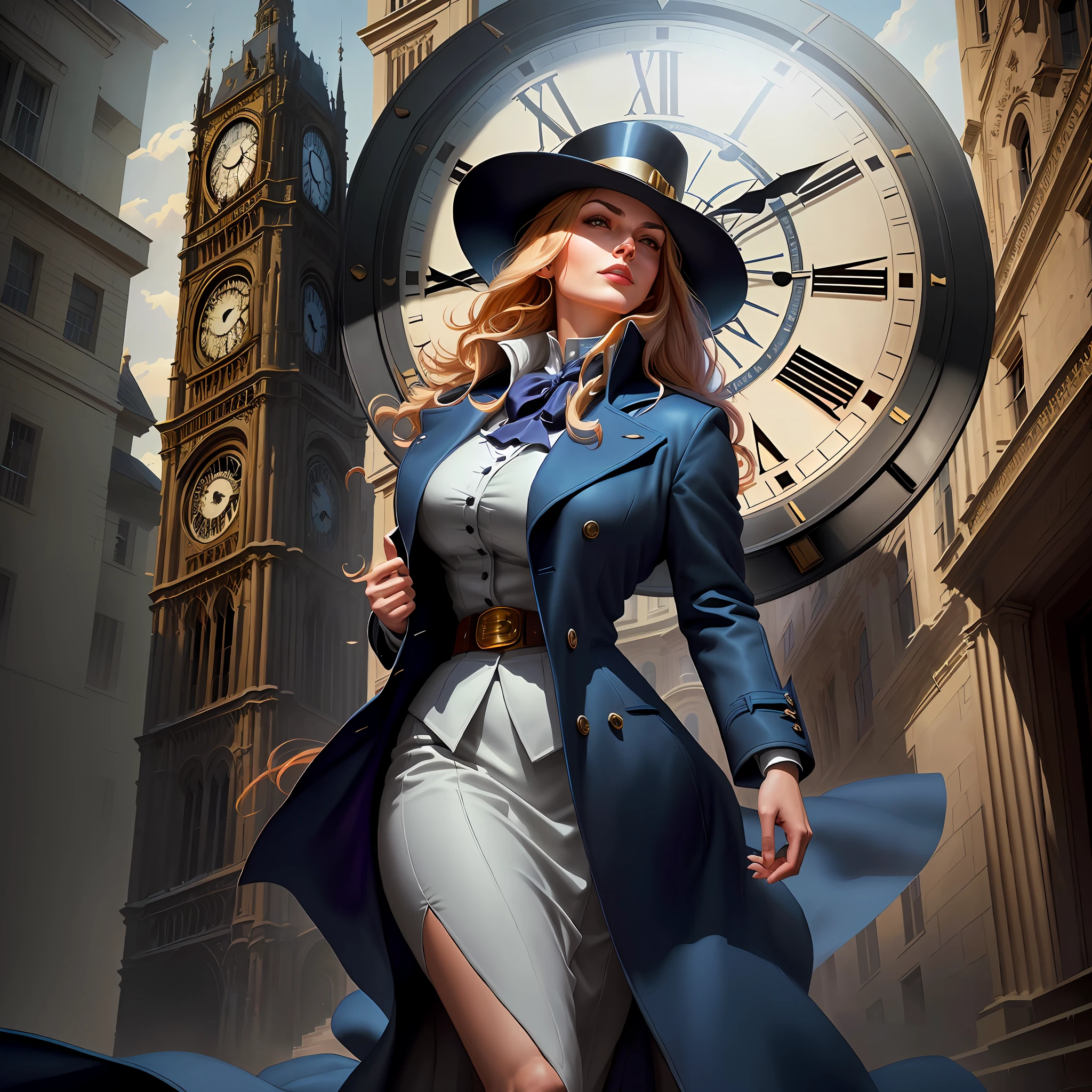 arafed image of a woman in a hat and coat walking in front of a clock tower, martin ansin, artgerm and j. dickenson, mistborn, martin ansin artwork portrait, artgerm comic, inspired by Mark Brooks, artgerm julie bell beeple, artgerm greg rutkowski _ greg