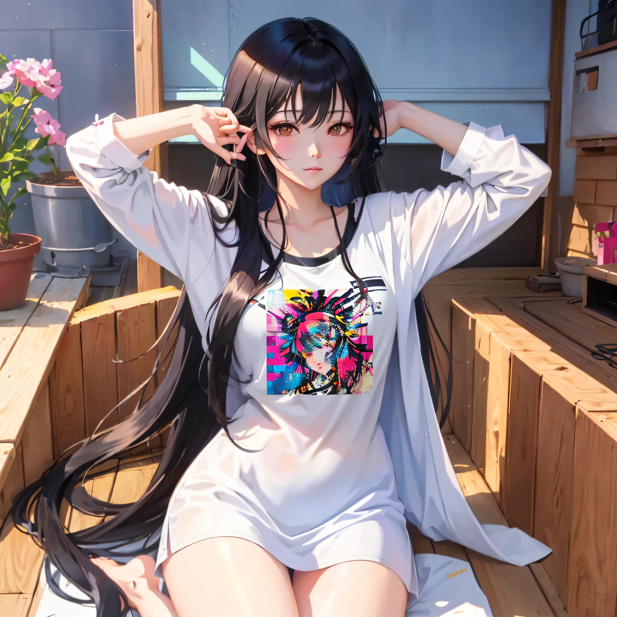 anime girl with long black hair sitting on a wooden deck, anime moe artstyle, seductive anime girl, anime style 4 k, high quality anime artstyle, ilya kuvshinov with long hair, digital anime art, kawacy, anime waifu, artwork in the style of guweiz, attractive anime girl, digital anime illustration, beautiful anime girl, anime girl --auto --s2