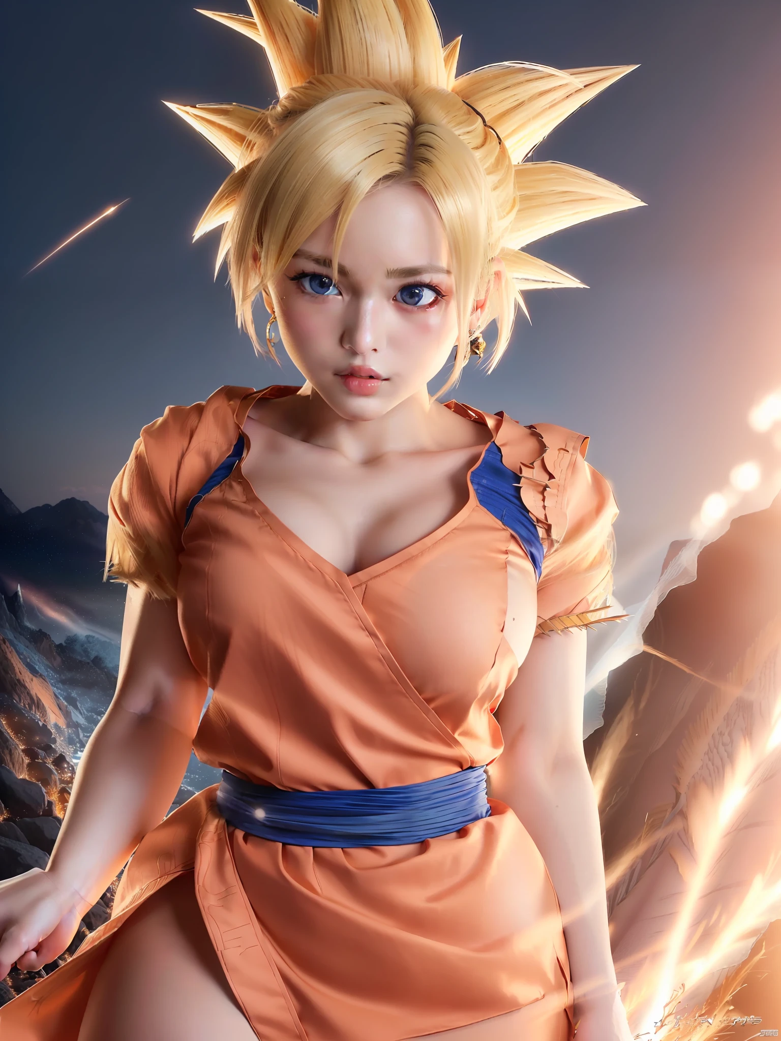 (son goku:1.4), 1girl, closed mouth, female focus, muscular, muscular female, rock, sash, serious, solo, spiked hair, torn clothes, ultra instinct, (masterpiece, best quality, extremely detailed 8k, ultra hd, ultra-detailed, highly detailed, highly realistic, photo realistic), (1girl:1.5), (beautiful realistic face, detailed realistic face), (high detailed realistic natural blonde hair, beautiful realistic hairstyle), (beautiful realistic eyes, high detailed realistic blue eyes, proportional eyes, realistic pupils, high detailed pupils), (high detailed realistic natural eyebrows), (high detailed realistic lips, beautiful realistic lips, pink lipsticks), (upper body from head to thighs, slender body:1.5), highly detailed realistic skin, sharp focus,