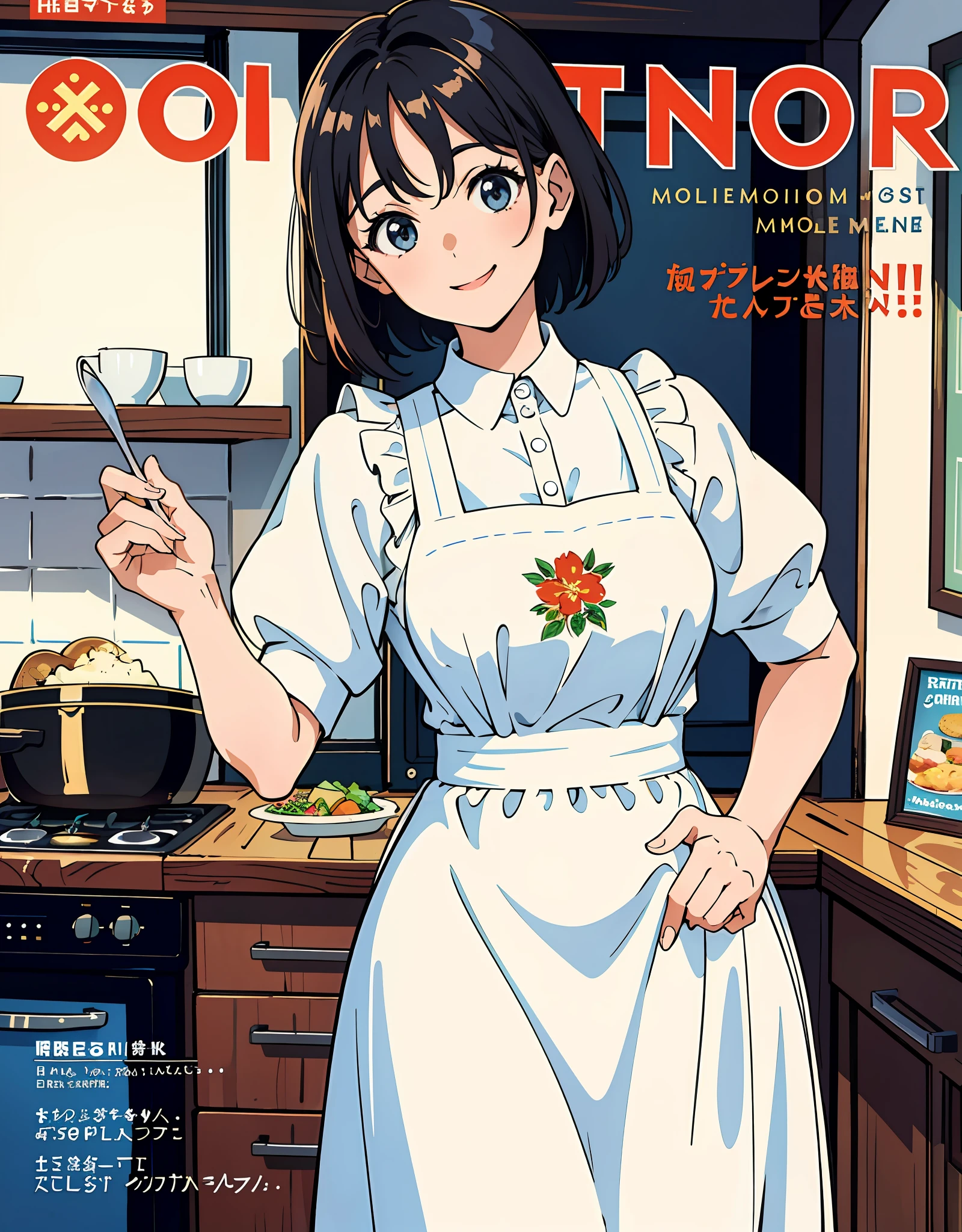 (top-quality、masterpiece)、Cover of women's cooking magazine、1girl in、30-years old、A stunning、cute little、Heartwarming smile、The figure of the hourglass、Wearing a floral dress、Pinney Apron、Beautiful food、Texto、diagrams、advertisement、Magazine Title、Red-haired、Blue-haired