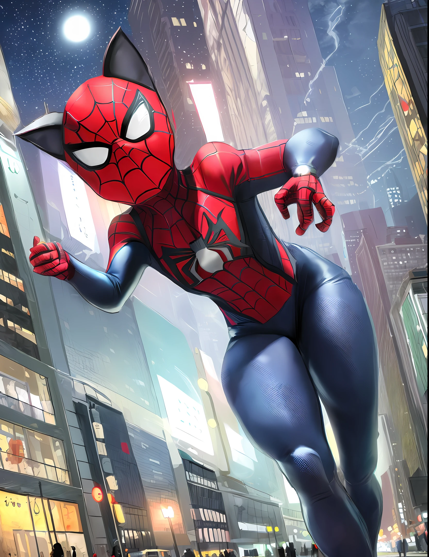 (best quality:1.33), (masterpiece:1.42), (sketch:1.2), (detailed:1.15), cute cat, wearing spider-man outfit, city, night, marvel, big eyes, volumetric lighting, global lighting, raytracing, manga