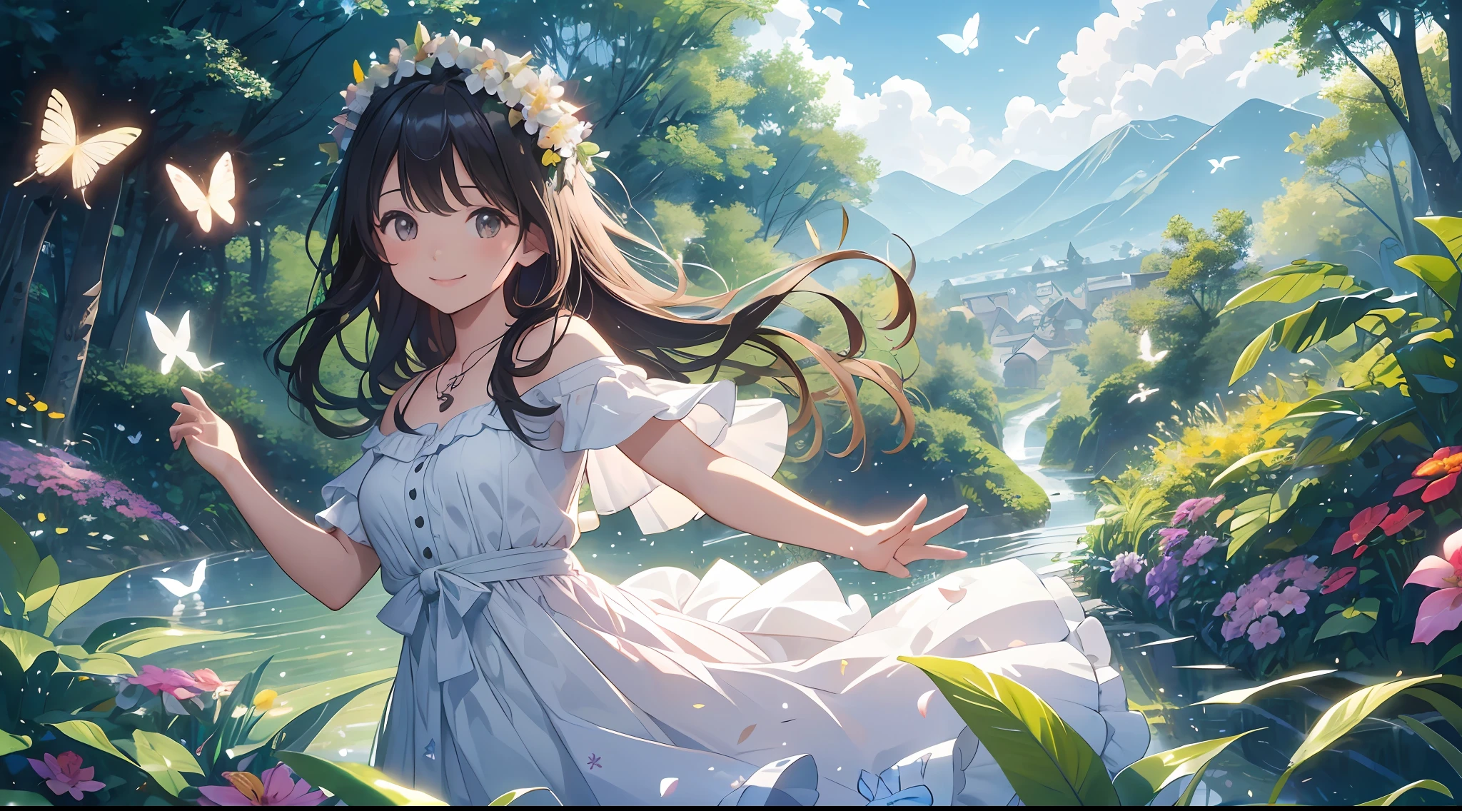 ((SFW))), Masterpiece, (High Quality), ((Photoreal)), (Cinematic Direction), (High Contrast), (Depth of Field: 1.3), (Award-winning Difference Photo: 1.1), (Face Detail), Detailed Drawing, There is a place in the forest where flowers bloom, Girl dancing in a snow-white summer dress in the flower field, Animals are jumping happily around the girl, Colorful little birds and butterflies flying around the girl, the girl is 9 years old, black hair very long hair, flower crown, full body figure, summer sky, summer clouds, summer dazzling sunlight, (flower garden), girl with open arms, dancing, necklace, ((smile)), smile, happy, fun, girl looking up at the sky, deer, flapping duck, flapping goose, hummingbird, European bulbul, kingfisher, European orli, ((butterfly)), (dazzling halo light), (dazzling glow: .1.6), (glow: 1.3), backlit, (colorful petals soar in the wind: 1.4), strong wind, teething, colorful flowers,