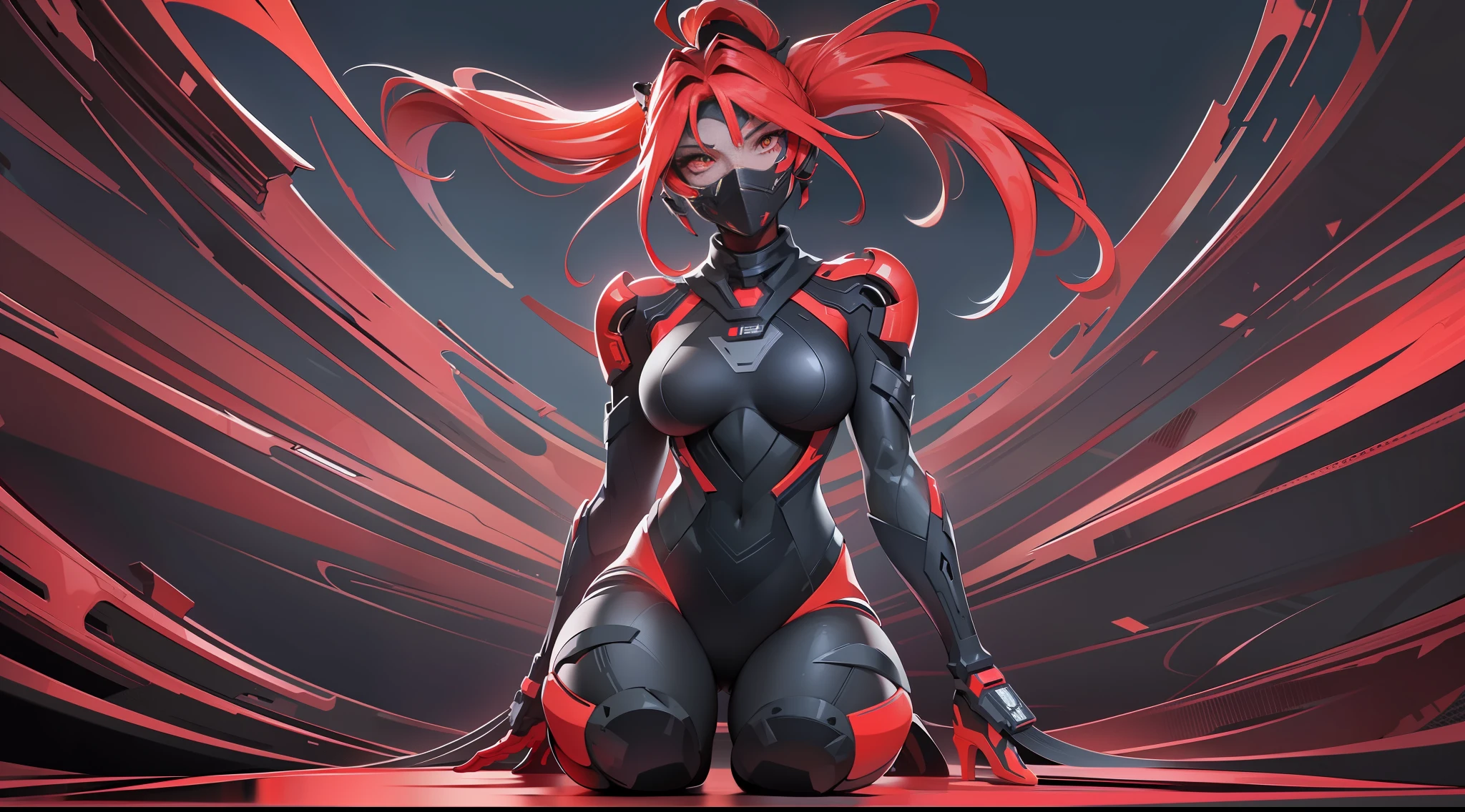 full body picture Unreal Engine 5 8K UHD of beautiful girl, red pony tail hair, wearing futuristic black tight battle suit, half face mask, futuristic neck collar, red light details, dark makeup, best quality, masterpiece