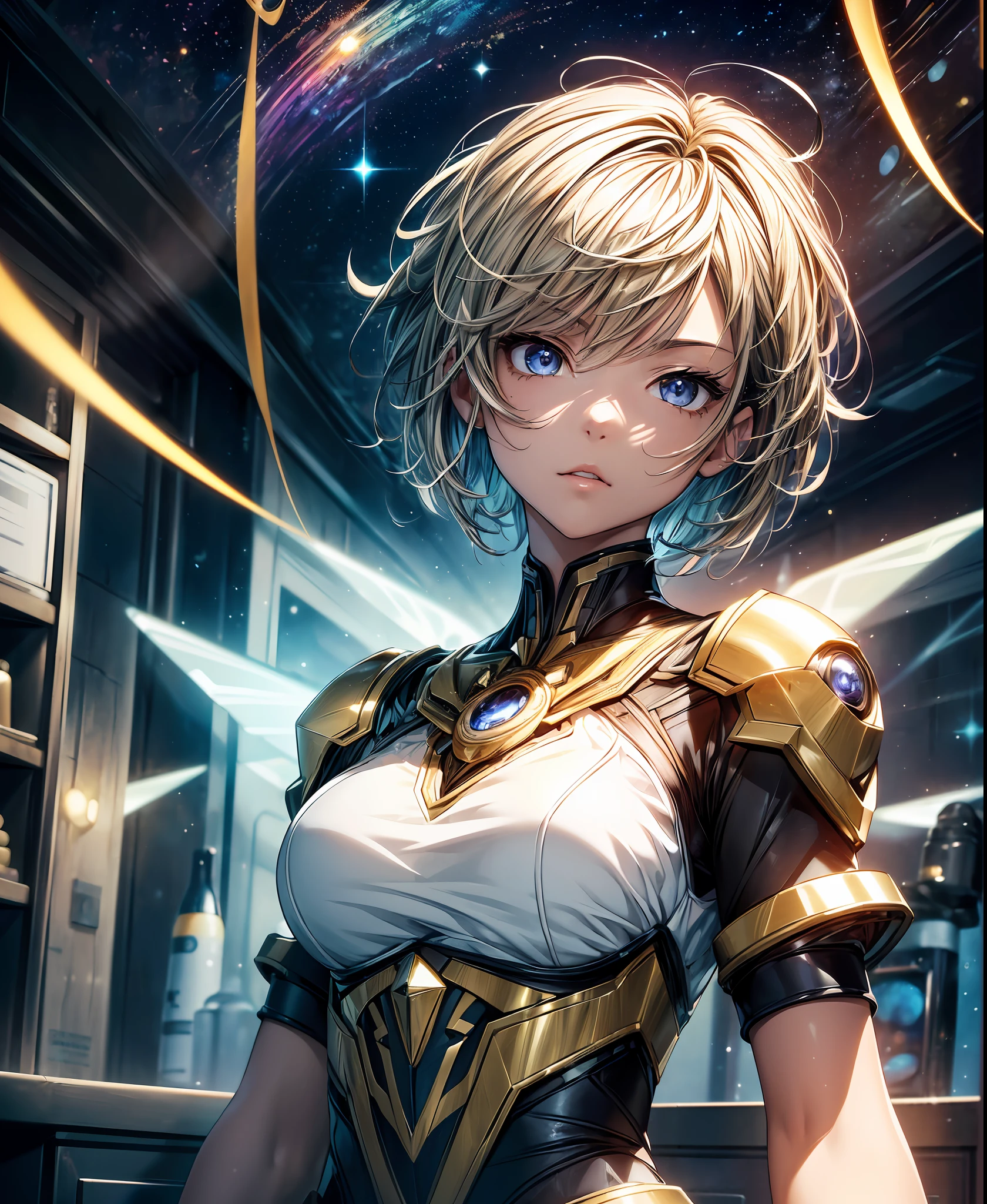 ((Best quality)), ((masterpiece)), ((highly intricate details)),beautiful, high quality, highres, absurdres, light difussion, intricate details, complex details, ((anime)), (anime:1.2) , (perfect face:1.3), extreme detailed eyes, colorful, highest detailed, vibrant colors, high contrast, (8K UHD:1.2), (photorealistic:1.2),(masterpiece:1.4), (best quality:1.4),extremely detailed wallpaper, highly detailed illustrations, ((1 Girl)), (best lighting) , (super-complex details) , 4K unified, (super-detailed CG: 1.2) , (8K: 1.2),(original), (masterpiece) , (best quality) , (reality: 1.3) , photorealistic, Octane rendering, (surreal: 1.2) ,biopunk style, golden color robot, solo, shining twin eye, multiple angle, full power attack, beam, full power flight, (outer space, saturn), anime picture, art cg, (ultra-detailed:1.3), best quality, illustration, particle lighting, beautiful detailed glow, an extremely delicate and beautiful, detailed and delicate and gleaming metal ((((((short_hair))))))