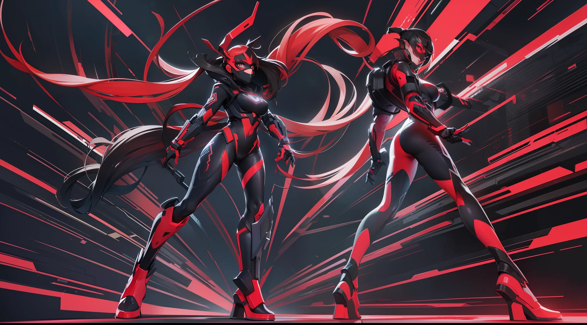 full body picture Unreal Engine 5 8K UHD of beautiful girl, red pony tail hair, wearing futuristic black tight battle suit, half face mask, futuristic neck collar, red light details, dark makeup, best quality, masterpiece