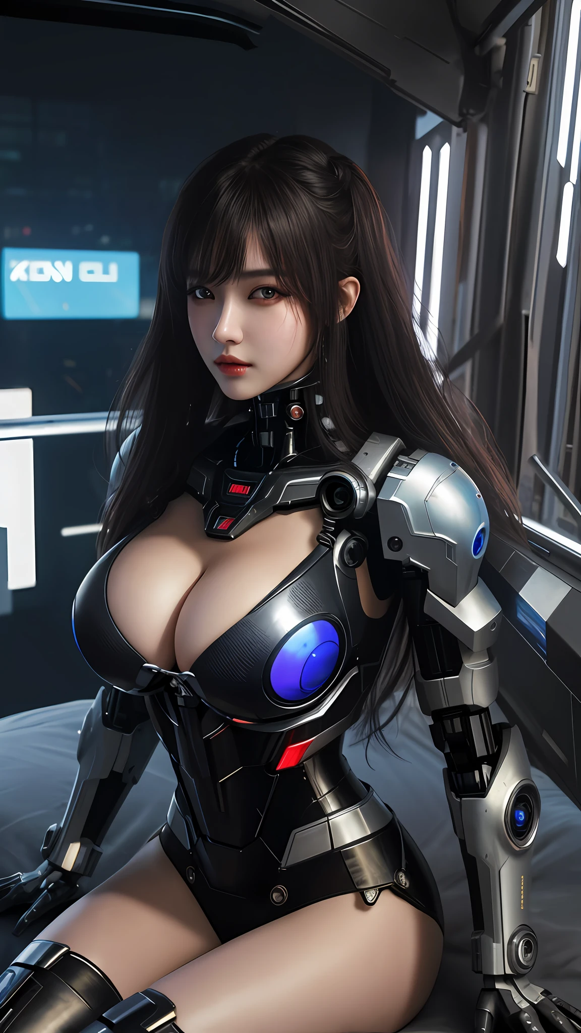 (8k, masterpiece, best quality), ultra-detailed, detailed beautiful round eyes, beautifully detailed face, high quality, high resolution, cyberpunk girl wearing sexy outfit, massive breast, mecha girl, sleep, ruins, --s2