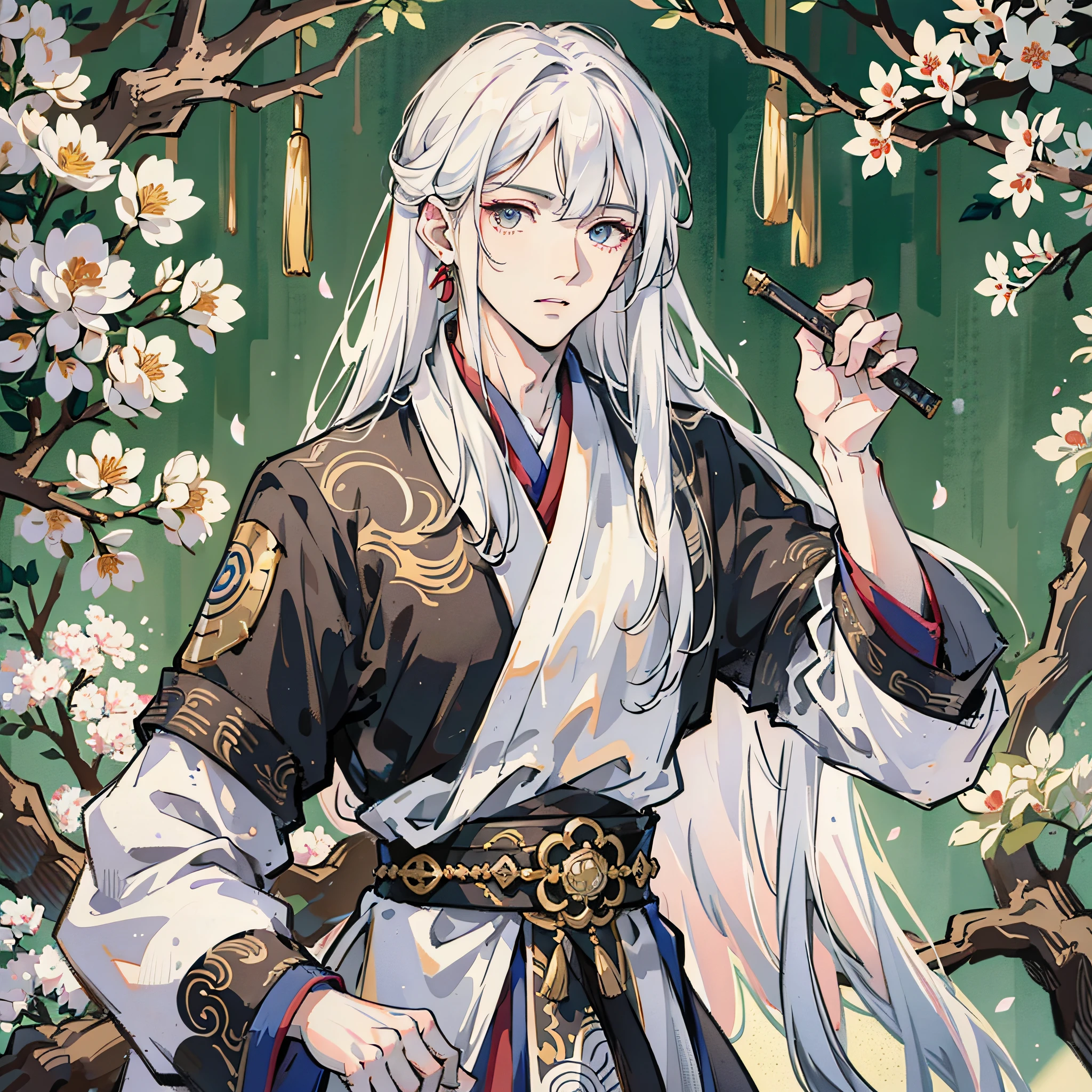 Handsome guy ancient style, ray tracing, texture, danfeng eyes, white Hanfu, Chinese clothes, long sword, handsome, long hair, white hair, confused eyes, no beard --auto --s2