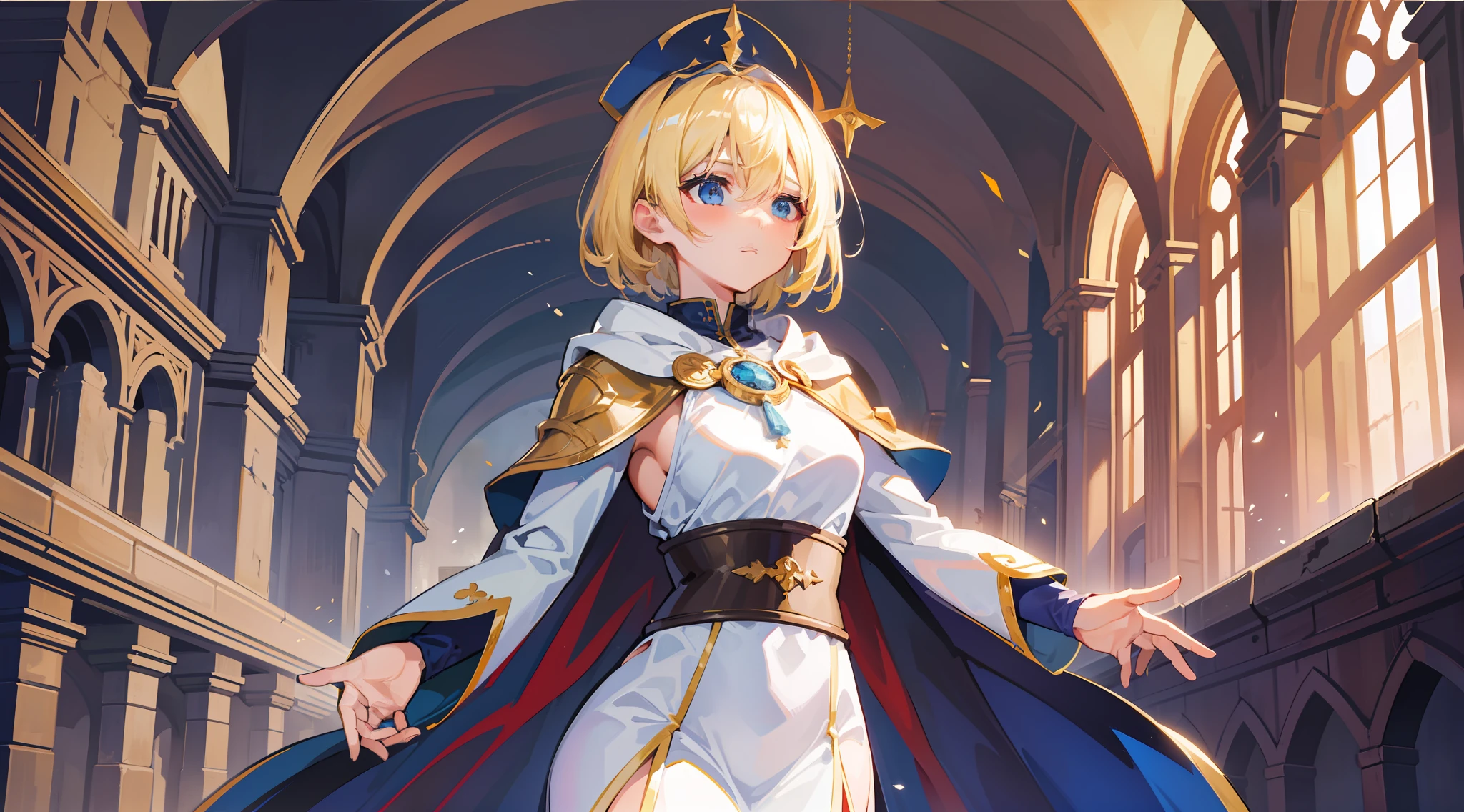 a girl, cleric, blonde, short hair, eye band, beautiful breasts, hair between eyes, bangs, full body, confident, heroic posture, white and blue cloak, cape, fantasy, medieval, rays of sun