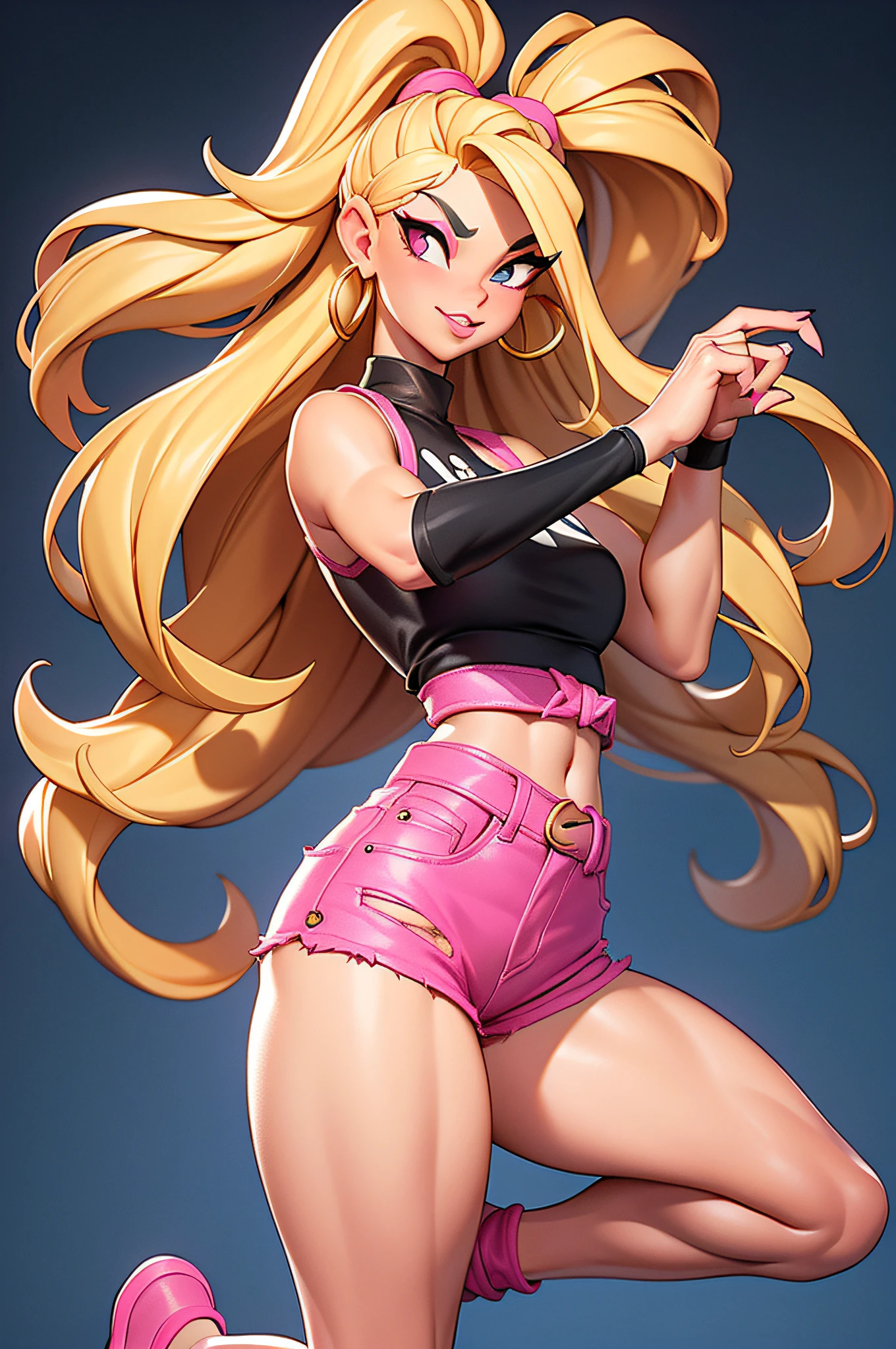 3dmm style, (Full body portrait), (dynamic pose), (unique pose), (masterpiece, top quality, best quality, blonde cornrows, realistic, downturned eyes, full lips, big lips, gothic makeup, black bandana, 1girl, best quality, intricate details, looking at viewer, ultra realistic 8k cg, picture perfect face, gold pupils, flawless, clean, masterpiece, professional artwork, famous artwork, film lighting, film Bloom, perfect face, beautiful face, beautiful eyes, skin spots, ((perfect female body, narrow waist, massive thighs, muscular quadrupeds, big calves, massive hamstrings)), (legs spread apart), ('HOT PINK' loose-fitting croptop:1.3), fitted design, hoop earrings, gothic braclets, double breasted, low cut collar, black belt, hot pink acrylic nails, (pink denim fluffy high-waisted short-shorts:1.1), White Nike AirForce Ones, gold accents.