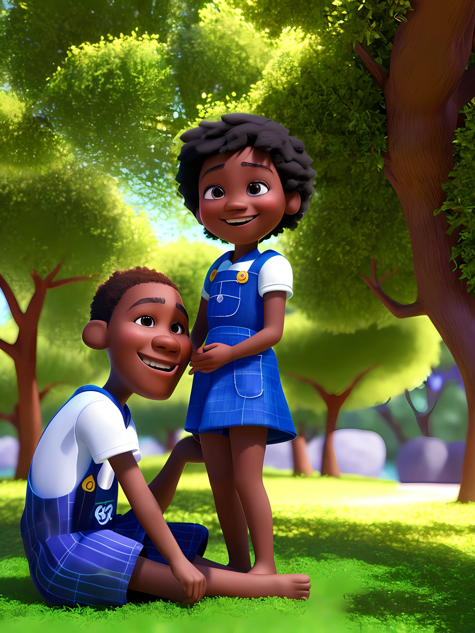 cheerful black-skinned child, big smile, sitting under a tree, (Pixar style) (masterpiece:1.2) (bokeh) (best quality) (detailed skin) (detailed texture) (8k) (claymation) (cinematic lighting) (sharp focus)