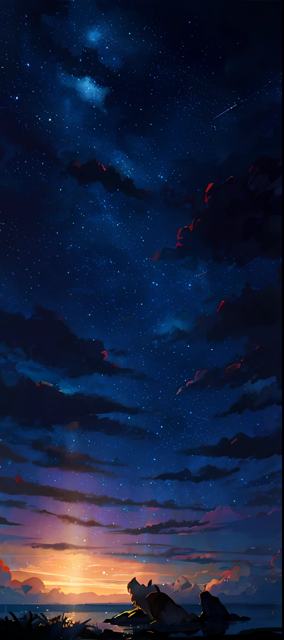 Fawn dog back, enchanting night sky dry brush speed painting, brush stroke +, magnificent composition, bright colors, stars, Makoto Shinkai anime