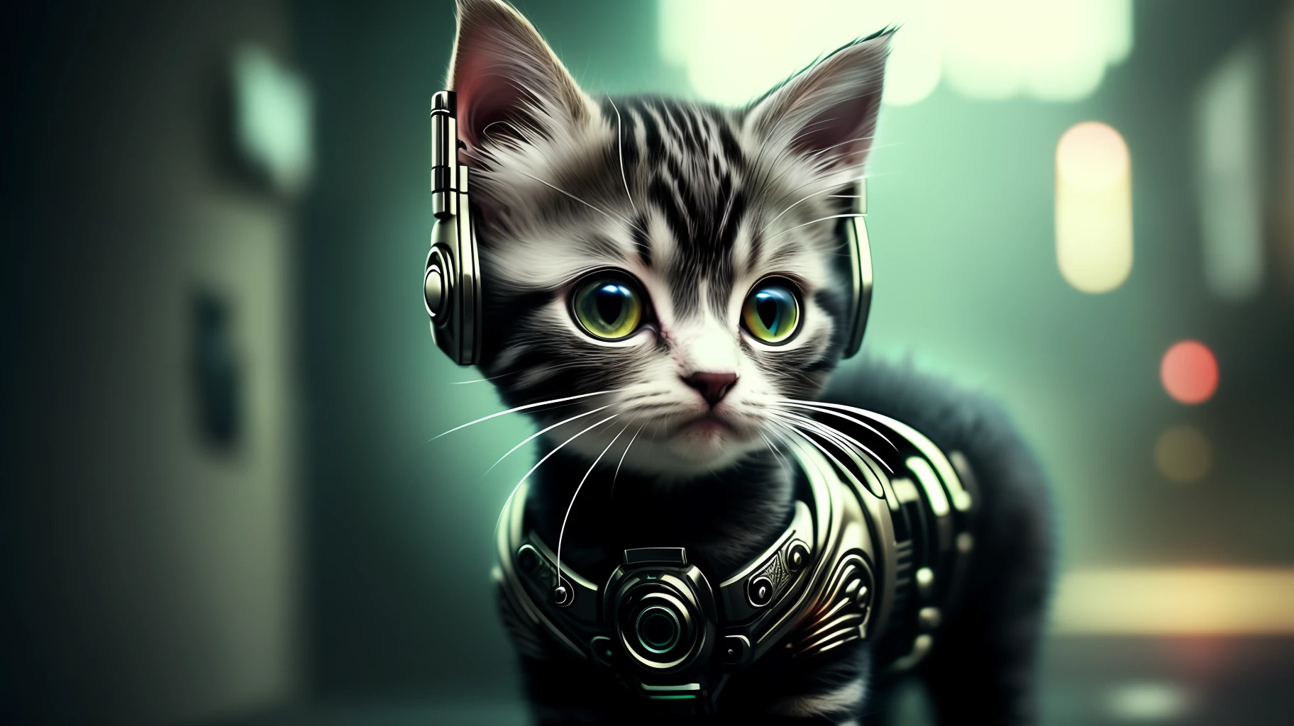 A cute kitten, curious++, cyborg+, cyberpunk style, (intricate detail)++, HDR, (intricate detail)+, (super detailed)+, cinematic footage, vignette [(two sizes)