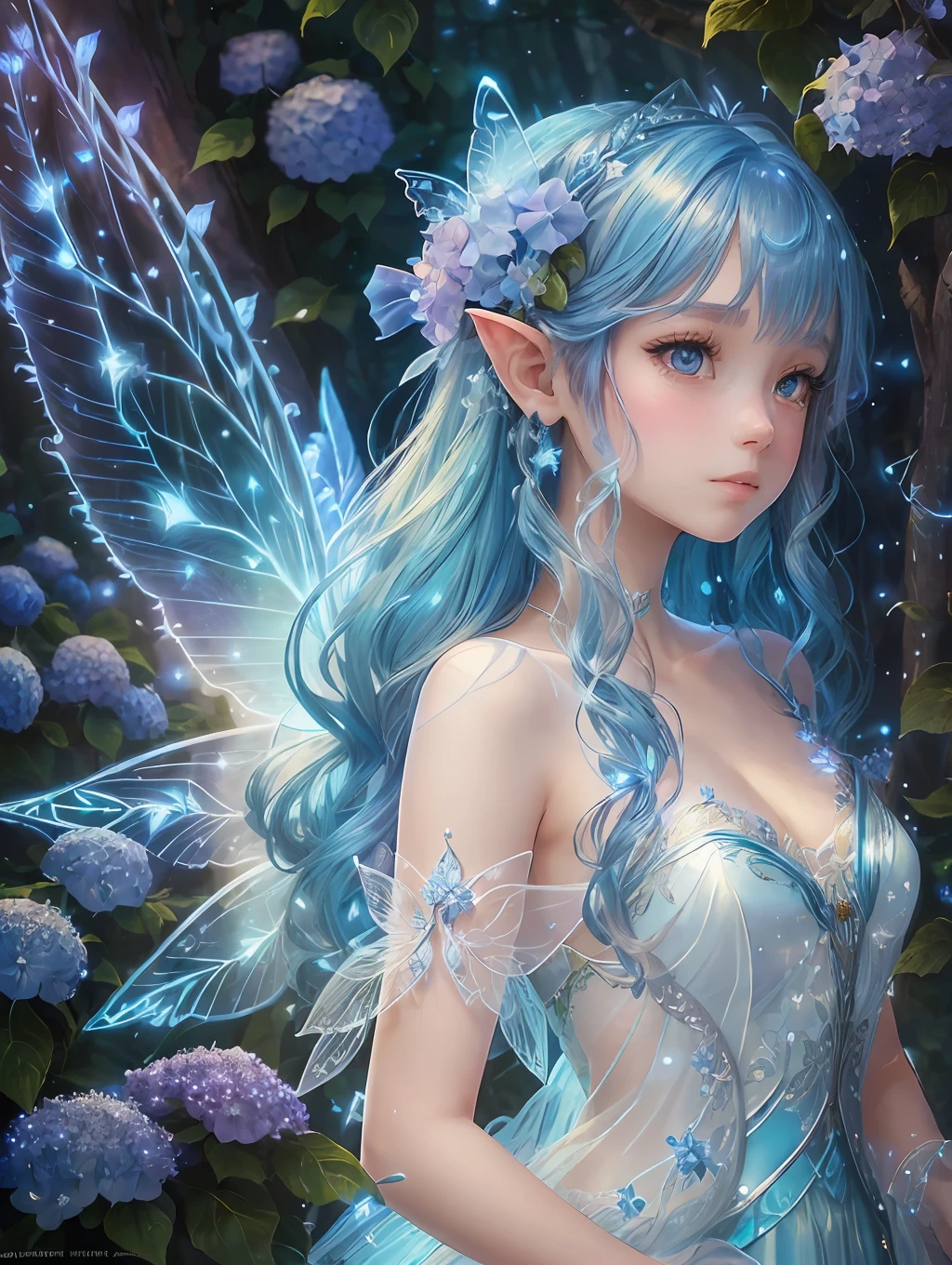 (8k, RAW photos, best quality, masterpiece:1.2), yjnn, 1girl, full body, shiny skin, beautiful delicate face, beautiful delicate eyes, (realistic, photo real: 1), fairy, feathers, (cowboy shots: 1.3), (blue hair), (blue gradient hair), (hydrangea hair ornament), fantasy clothes, (transparent fairy wings), blue skin, elven ears, (in the Enchanted Forest: 1.3), (blue neon tree), (night: 1.4), (neon firefly), glowing dust, white particles in the air, fantasy costume, (transparent fairy wings), hydrangea blue flower, blue hydrangea field, reaching out hydrangea --auto --s2
