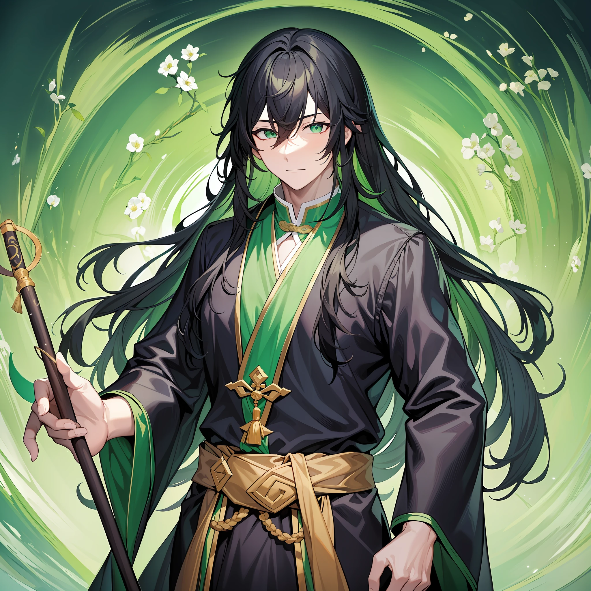 Between this green mountain and green water, a long-haired black-haired Taoist priest in ancient costume with a stick appears in the center of the picture.
He wore a black Taoist robe, a golden belt around his waist, and a stout wooden stick in his hand. His long hair was draped over his shoulders, and his expression was relaxed and comfortable.
The whole picture uses bright green and black as the main colors, highlighting the green mountains and green water and the mystery of this Taoist priest. The whole picture conveys an air of comfort and freedom, and the Taoist priest's expression shows his calmness and unrestrainedness.
Through his image and demeanor, this Taoist priest shows a feeling of freedom and relaxation. He is not ostentatious, but there is a free and happy expression in his body, his expression is relaxed, but from his eyes you can see his observation and perception of the world.
The whole picture exudes an atmosphere of unrestrained and free, which makes the picture full of a casual and natural feeling. At the same time, the picture also conveys a sense of freshness and nature, allowing the viewer to feel a comfortable and unforgettable feeling.