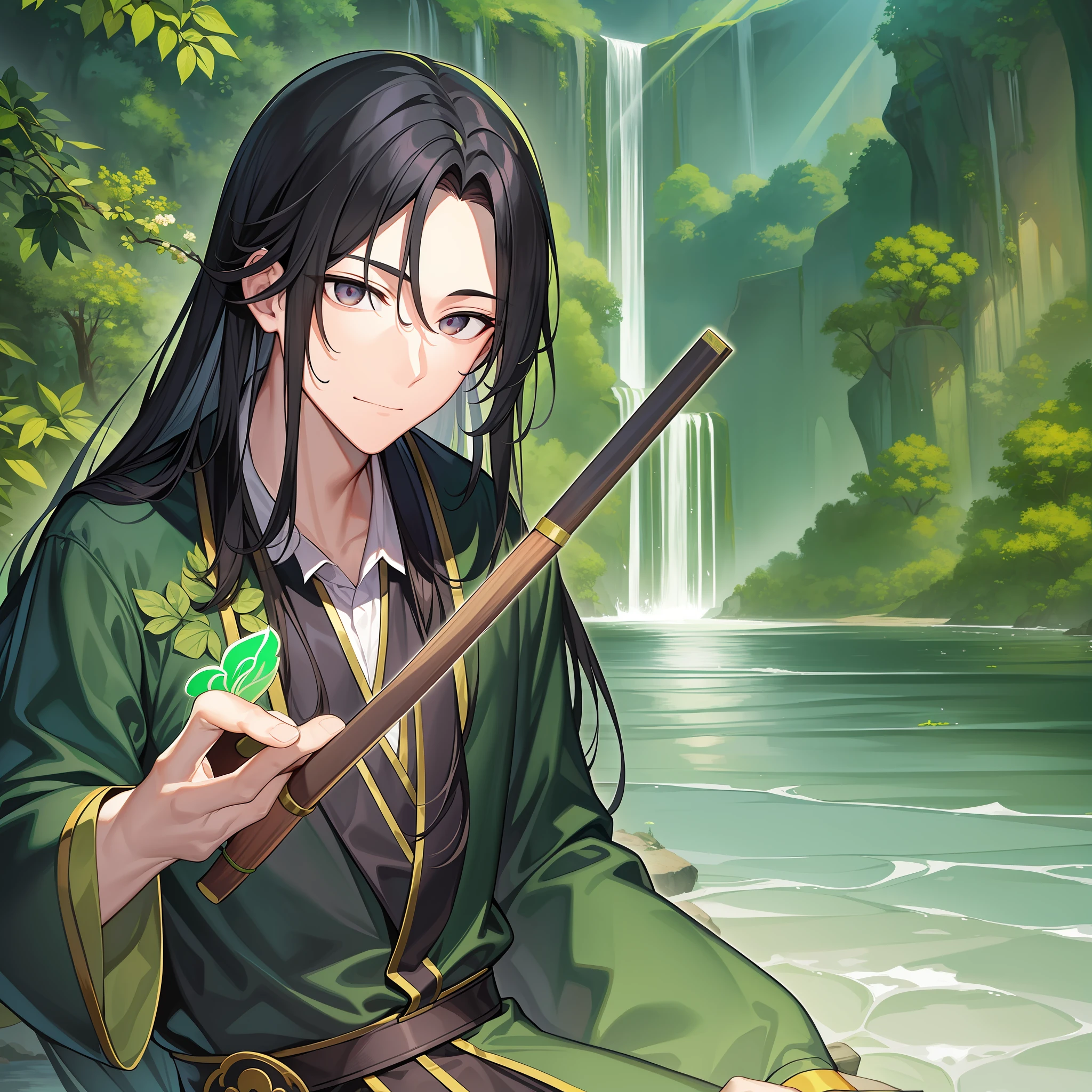 Between this green mountain and green water, a long-haired black-haired Taoist priest in ancient costume with a stick appears in the center of the picture.

He wore a black Taoist robe, a golden belt around his waist, and a stout wooden stick in his hand. His long hair was draped over his shoulders, and his expression was relaxed and comfortable.

The whole picture uses bright green and black as the main colors, highlighting the green mountains and green water and the mystery of this Taoist priest. The whole picture conveys an air of comfort and freedom, and the Taoist priest's expression shows his calmness and unrestrainedness.

Through his image and demeanor, this Taoist priest shows a feeling of freedom and relaxation. He is not ostentatious, but there is a free and happy expression in his body, his expression is relaxed, but from his eyes you can see his observation and perception of the world.

The whole picture exudes an atmosphere of unrestrained and free, which makes the picture full of a casual and natural feeling. At the same time, the picture also conveys a sense of freshness and nature, allowing the viewer to feel a comfortable and unforgettable feeling.
