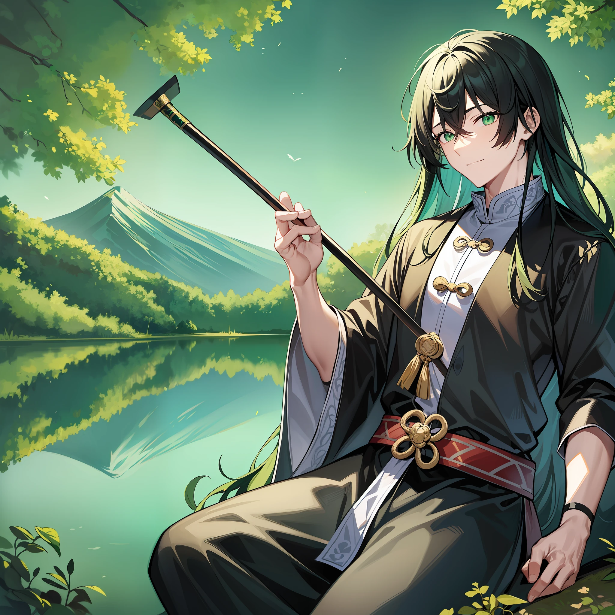 Between this green mountain and green water, a long-haired black-haired Taoist priest in ancient costume with a stick appears in the center of the picture.
He wore a black Taoist robe, a golden belt around his waist, and a stout wooden stick in his hand. His long hair was draped over his shoulders, and his expression was relaxed and comfortable.
The whole picture uses bright green and black as the main colors, highlighting the green mountains and green water and the mystery of this Taoist priest. The whole picture conveys an air of comfort and freedom, and the Taoist priest's expression shows his calmness and unrestrainedness.
Through his image and demeanor, this Taoist priest shows a feeling of freedom and relaxation. He is not ostentatious, but there is a free and happy expression in his body, his expression is relaxed, but from his eyes you can see his observation and perception of the world.
The whole picture exudes an atmosphere of unrestrained and free, which makes the picture full of a casual and natural feeling. At the same time, the picture also conveys a sense of freshness and nature, allowing the viewer to feel a comfortable and unforgettable feeling.