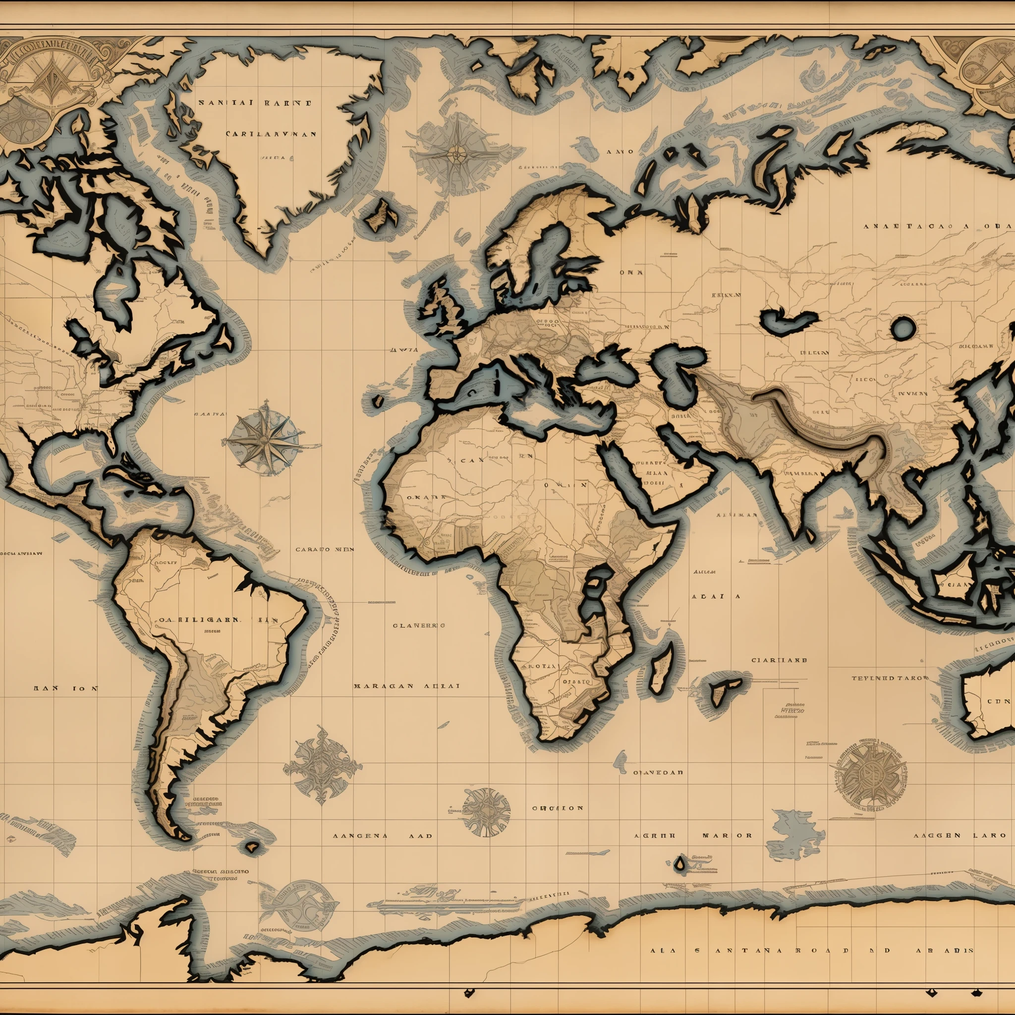 "An alternative 1910 map with a vintage, aged feel. High level of detail with subtle imperfections in the lines and color. Old-world cartography style with intricate borders and embellishments. Muted colors and earth tones in the ocean and land masses. Slight variations in typography and map legend details to enhance authenticity." --auto --s2