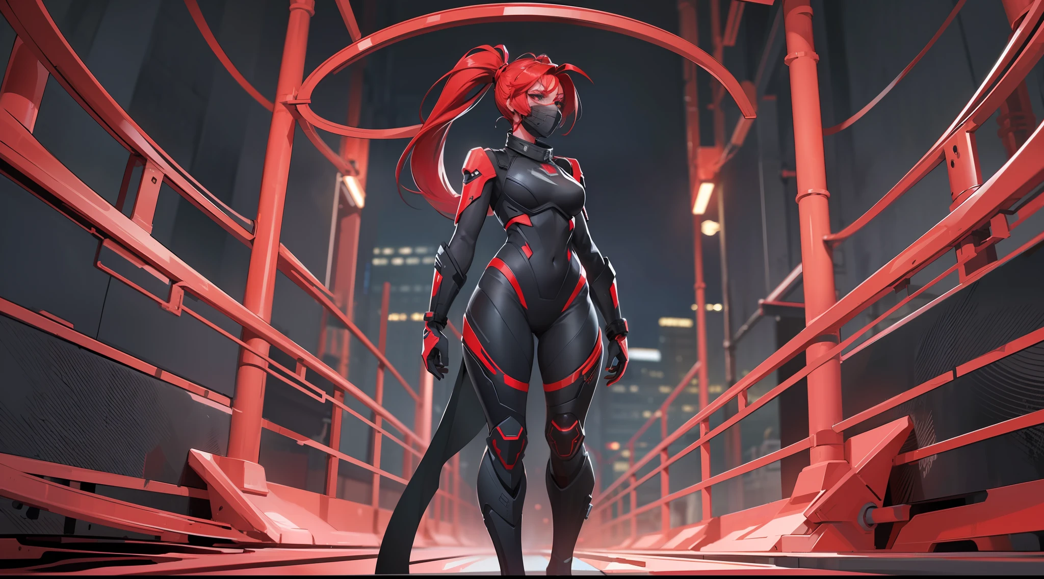 full body picture Unreal Engine 5 8K UHD of beautiful girl, red pony tail hair, wearing futuristic black tight battle suit, half face mask, futuristic neck collar, red light details, dark makeup, best quality, masterpiece