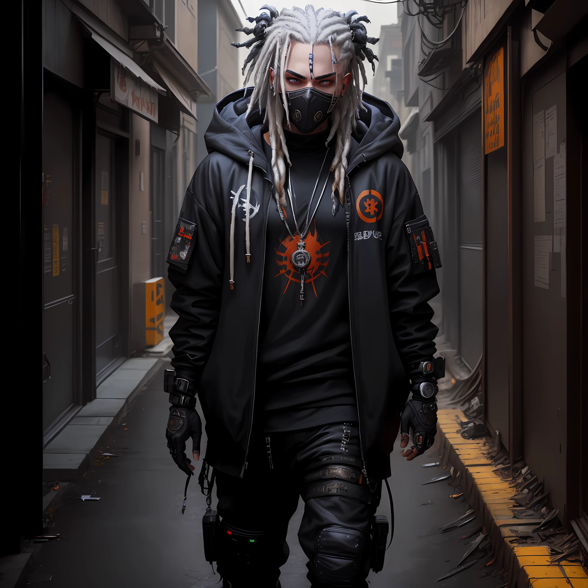 there is a man with dreadlocks standing in a dark alley, cyberpunk street goon, badass anime 8 k, digital cyberpunk anime art, in cyberpunk style, cyberpunk character, cyberpunk character art, cyberpunk digital painting, cyberpunk artstyle, cyberpunk dude, cyberpunk art style, digital cyberpunk - anime art, hyper-realistic cyberpunk style, cyberpunk digital art, cyberpunk streetwear, ((ultra realistic details)), arafed white man with white dreadlocks and a hoodie standing in a dark hallway, black mask, blue eyes, badass anime, portrait, global illumination, shadows, octane render, 8k, ultra sharp, metal, intricate, ornaments detailed, perfectly drawn, perfect proportions, cold colors, lil peep, lil pump, xxxtentacion, justin bieber, marshal maters, highly intricate details, realistic light, trending on cgsociety, glowing eyes, facing camera, sicko, trending, ashy, photo from a promo shoot, end of an era, official artwork, promo image, dark walls, steampunk, punk, trapstar, album cover, white man, blue eyes, chains, rings, holding a microphone, lil peep, masked, shinobi, alternate album cover, album cover!, xxxtentacion, album art cover, album art, new album cover, yung lean, music album cover, album cover, rap album cover, colored album art, hardops, arca album cover, an album cover, album artwork, sicko, trending, anime artsyle, dark, darkness, shadows, orange, blood, crime, katana, bandana, shinobi mask, perfect proportions, beautiful eyes, beautiful face, amazing, masterpiece, high resolution, 8k, 3d, shadows, lights, purple shades, perfectly drawn