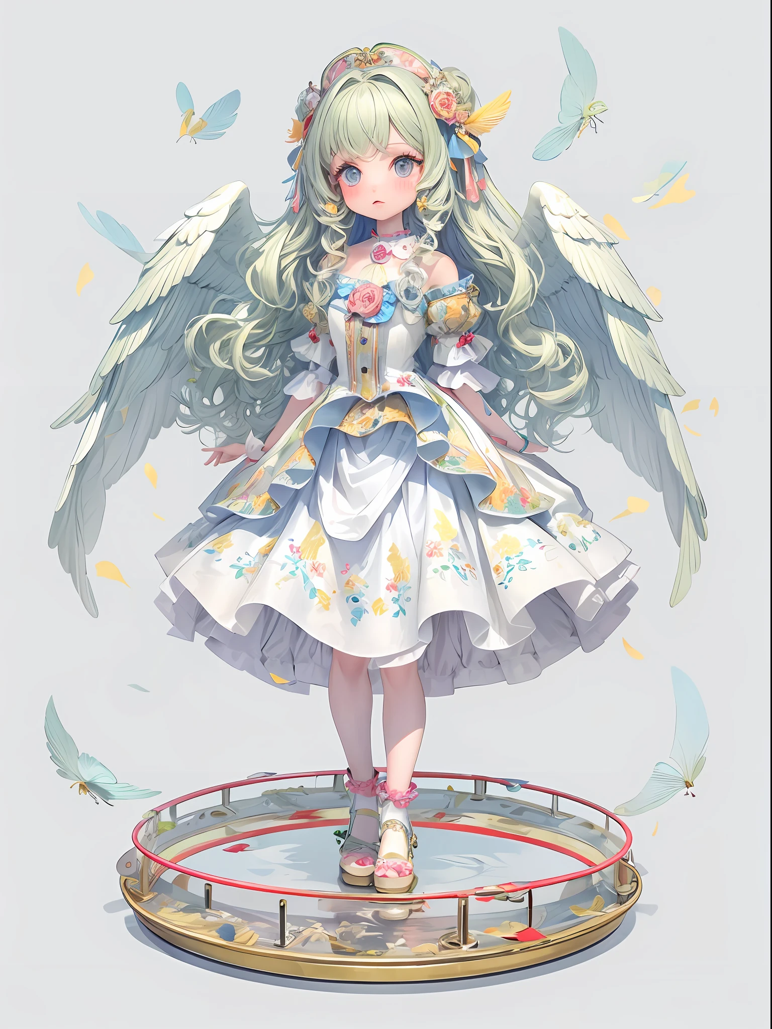 Masterpiece, best quality, official art, 8k wallpaper, very detailed, a cute music doll, long yellow curly hair, bow headdress, vintage dress, big eyes, falling feathers, notes decorated base