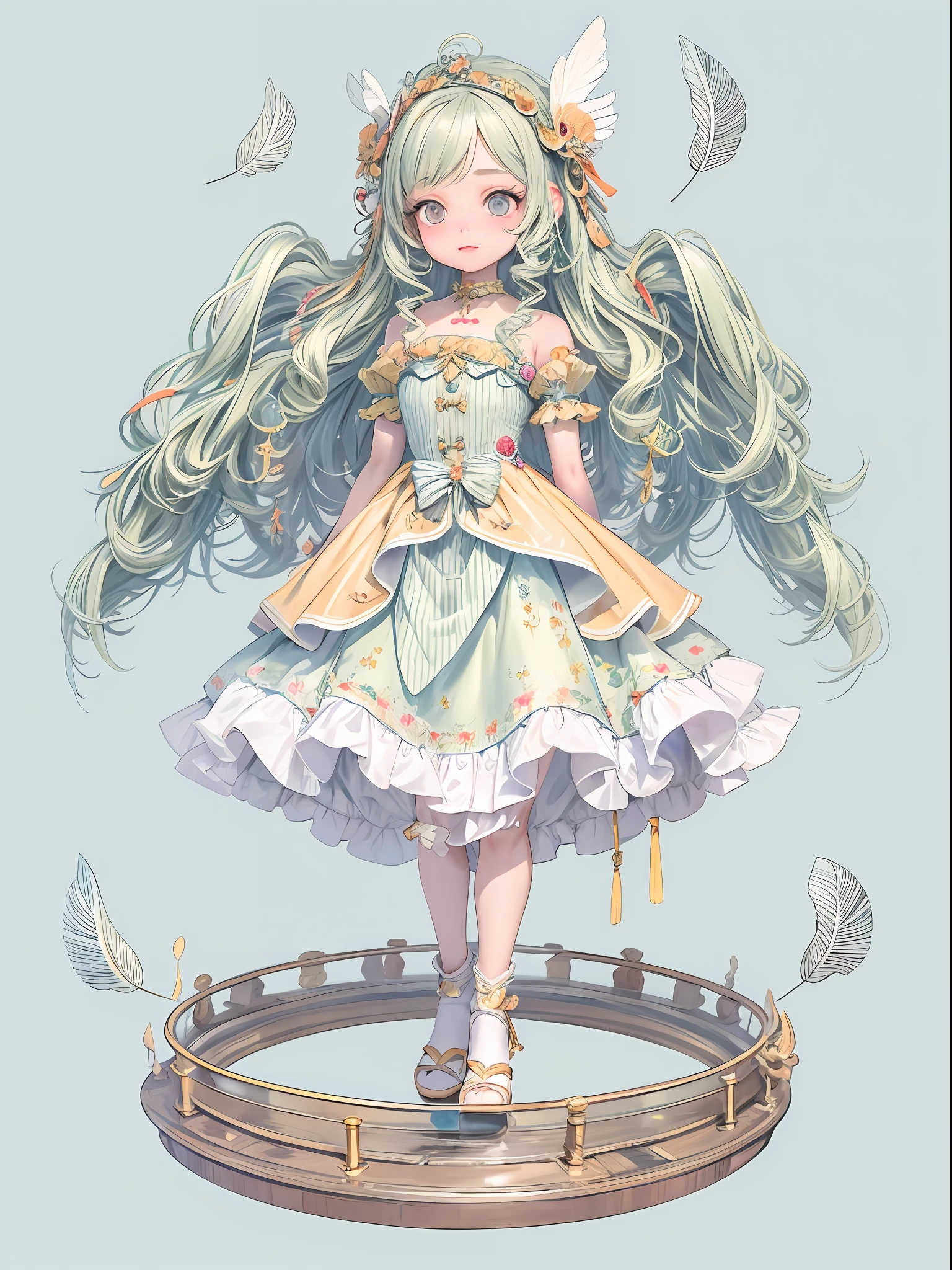Masterpiece, best quality, official art, 8k wallpaper, very detailed, a cute music doll, long yellow curly hair, bow headdress, vintage dress, big eyes, falling feathers, notes decorated base