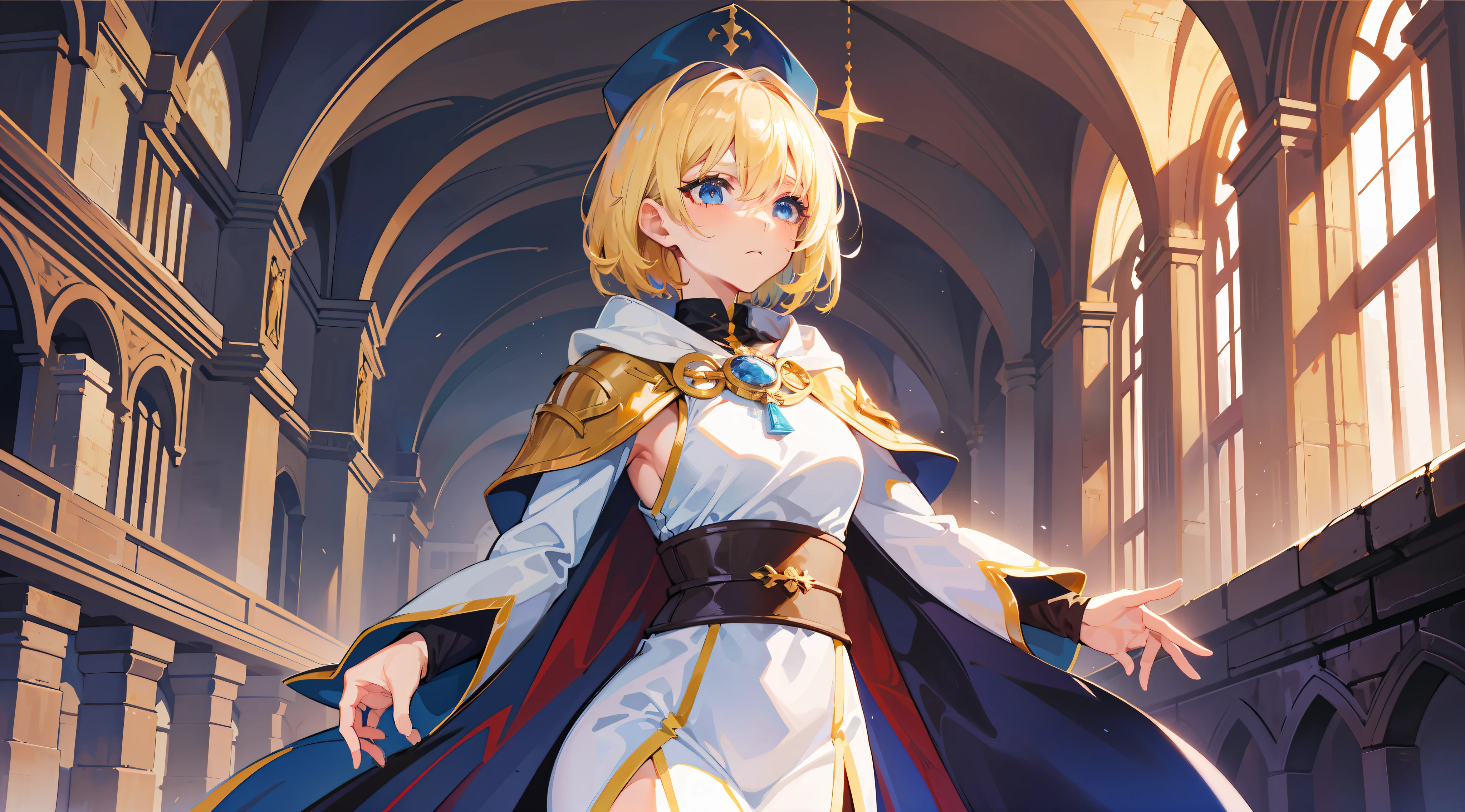 a girl, cleric, blonde, short hair, eye band, beautiful breasts, hair between eyes, bangs, full body, confident, heroic posture, white and blue cloak, cape, fantasy, medieval, rays of sun