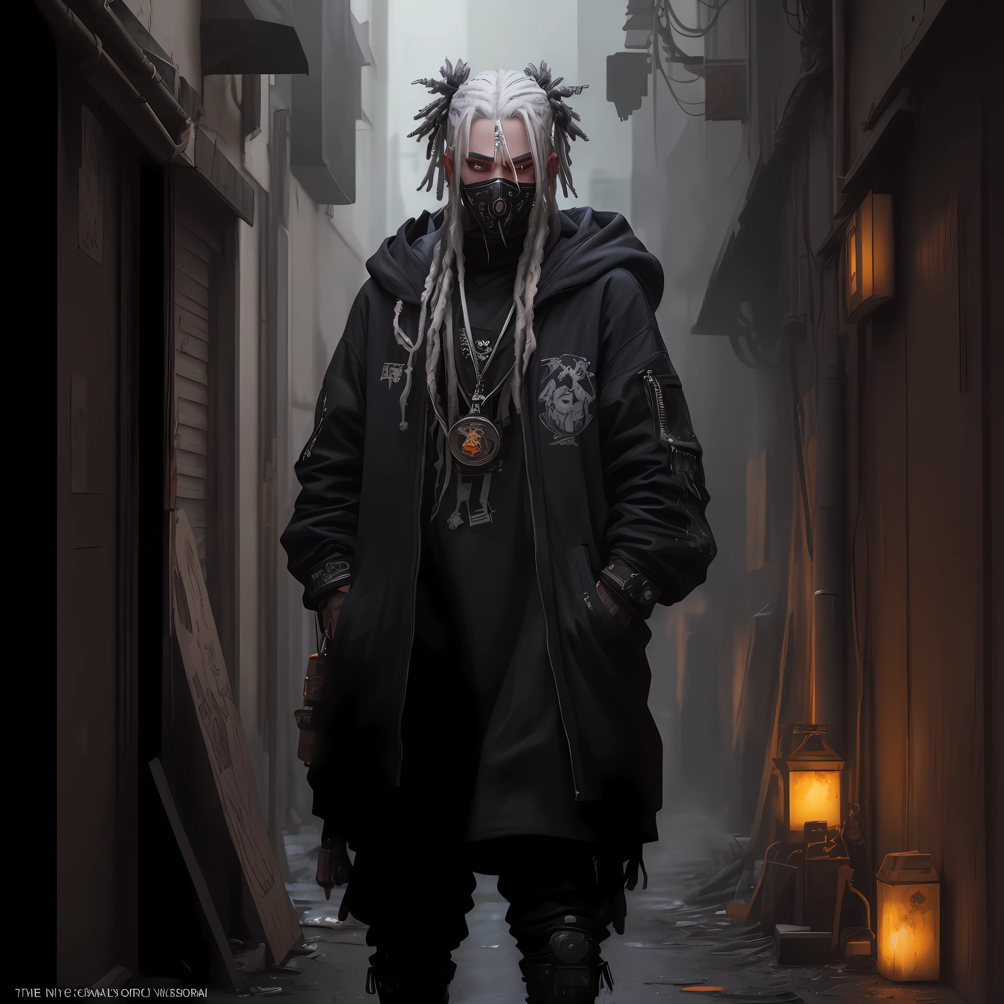 there is a man with dreadlocks standing in a dark alley, cyberpunk street goon, badass anime 8 k, digital cyberpunk anime art, in cyberpunk style, cyberpunk character, cyberpunk character art, cyberpunk digital painting, cyberpunk artstyle, cyberpunk dude, cyberpunk art style, digital cyberpunk - anime art, hyper-realistic cyberpunk style, cyberpunk digital art, cyberpunk streetwear, ((ultra realistic details)), arafed white man with white dreadlocks and a hoodie standing in a dark hallway, black mask, blue eyes, badass anime, portrait, global illumination, shadows, octane render, 8k, ultra sharp, metal, intricate, ornaments detailed, perfectly drawn, perfect proportions, cold colors, lil peep, lil pump, xxxtentacion, justin bieber, marshal maters, highly intricate details, realistic light, trending on cgsociety, glowing eyes, facing camera, sicko, trending, ashy, photo from a promo shoot, end of an era, official artwork, promo image, dark walls, steampunk, punk, trapstar, album cover, white man, blue eyes, chains, rings, holding a microphone, lil peep, masked, shinobi, alternate album cover, album cover!, xxxtentacion, album art cover, album art, new album cover, yung lean, music album cover, album cover, rap album cover, colored album art, hardops, arca album cover, an album cover, album artwork, sicko, trending, anime artsyle, dark, darkness, shadows, orange, blood, crime, katana, bandana, shinobi mask, perfect proportions, beautiful eyes, beautiful face, amazing, masterpiece, high resolution, 8k, 3d, shadows, lights, purple shades, perfectly drawn
