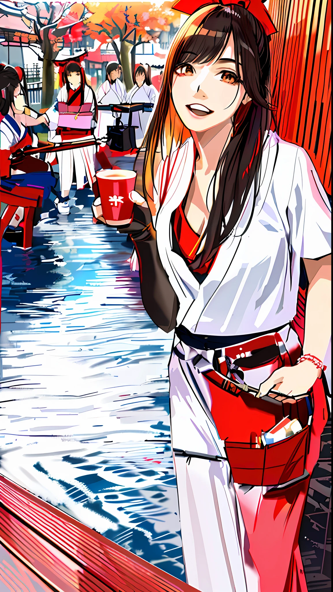 Masterpieces: 1.2, highest quality), (dynamic lighting) 1 lady, solo, long hair, (hakama, red skirt), (torii, temple), Japan girls in priestess clothes, black hair, long hair, ponytail, white robe, (red hakama; 1.45), straw broom, Tsuruoka Hachimangu, looking at the viewer, smiling, posing, ((highest quality, masterpiece))), high resolution, very detailedTrending, masterpieces, movie lighting, on pixiv (Anime Art Style: 1.45), 1 Girl, Bangs, bare_shoulders, blue_sky, Breasts, brown_eyes, Clouds, cloudy_sky, Day, detached_sleeves, Fence, hair_between_eyes, hair_ribbon, Hakama, hakama_skirt, japanese_clothes, Kimono, large_breasts, long_hair, looking_at_viewer, Obi, Railing, red_hakama, red_ribbon, Ribbon, Sash, Alley, Sky, sliding_doors, Solo, Tree, Veranda, white_kimono ((Best Quality)), (Masterpiece)), (Details), Sagiline