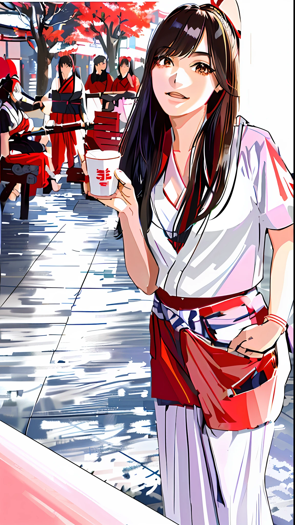 Masterpieces: 1.2, highest quality), (dynamic lighting) 1 lady, solo, long hair, (hakama, red skirt), (torii, temple), Japan girls in priestess clothes, black hair, long hair, ponytail, white robe, (red hakama; 1.45), straw broom, Tsuruoka Hachimangu, looking at the viewer, smiling, posing, ((highest quality, masterpiece))), high resolution, very detailedTrending, masterpieces, movie lighting, on pixiv (Anime Art Style: 1.45), 1 Girl, Bangs, bare_shoulders, blue_sky, Breasts, brown_eyes, Clouds, cloudy_sky, Day, detached_sleeves, Fence, hair_between_eyes, hair_ribbon, Hakama, hakama_skirt, japanese_clothes, Kimono, large_breasts, long_hair, looking_at_viewer, Obi, Railing, red_hakama, red_ribbon, Ribbon, Sash, Alley, Sky, sliding_doors, Solo, Tree, Veranda, white_kimono ((Best Quality)), (Masterpiece)), (Details), Sagiline