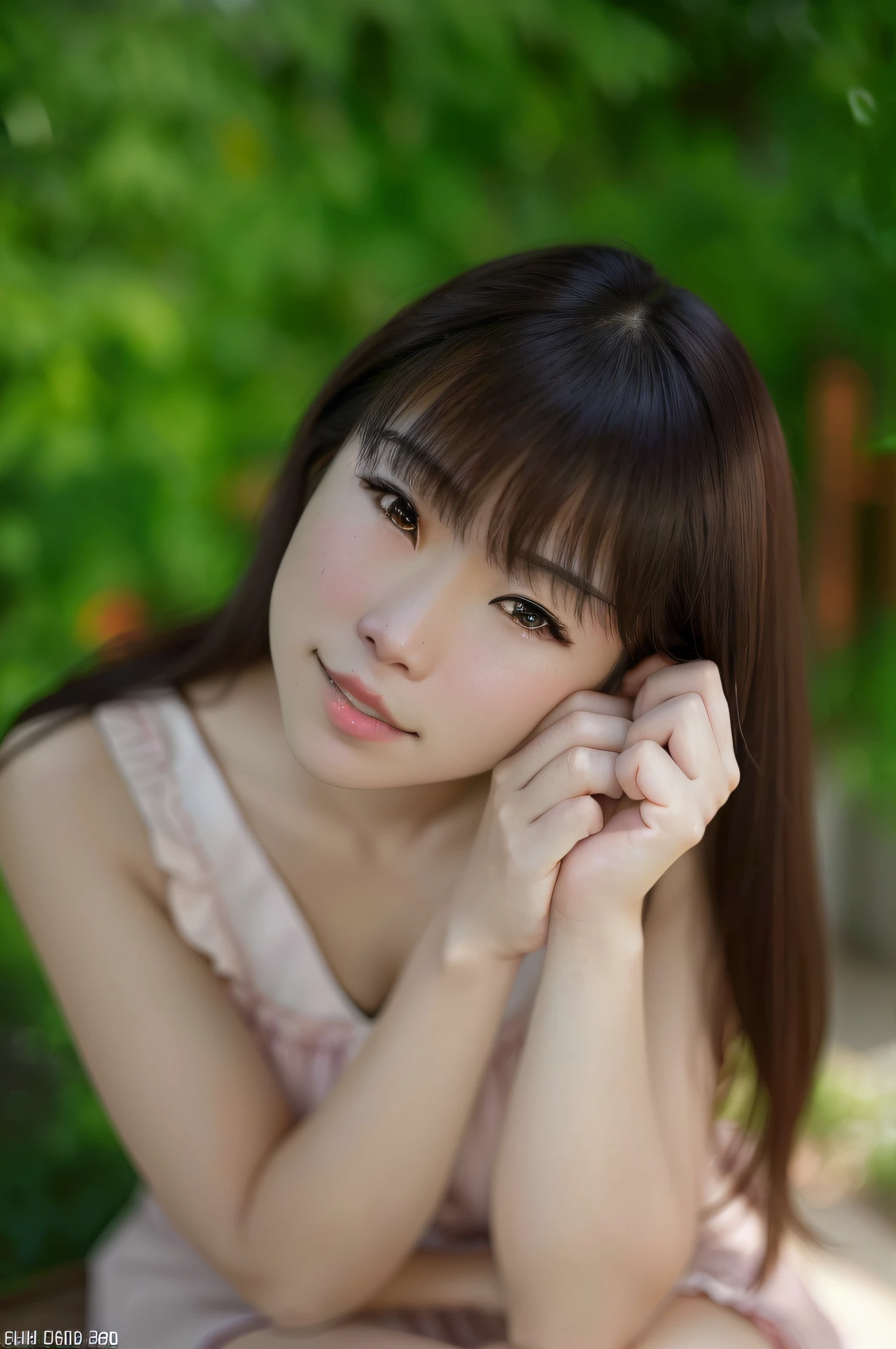 arafed asian woman sitting on a bench with her hand on her chin, chiho, ayaka, close up iwakura lain, 奈良美智, taken with canon eos 5 d, ai yazawa, narumi kakinouchi, takada akemi, portrait of a japanese teen --auto --s2