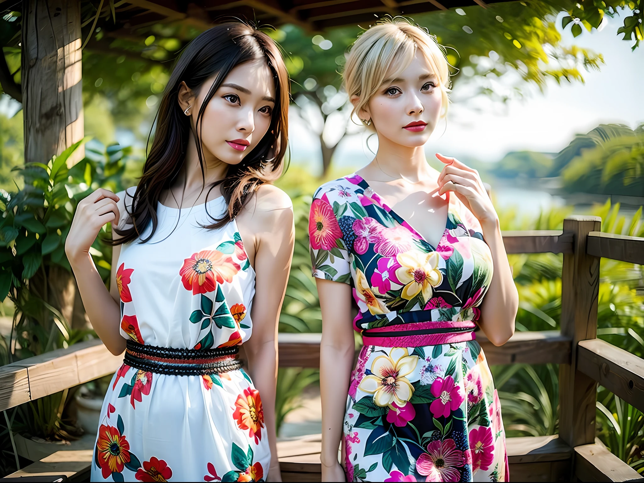 (8k, Best Quality, Masterpiece:1.2),(hair_style) ,(Realistic, Photorealistic:1.37), Best Quality, Masterpiece, Shot on a wooden deck with a view of the sky and sea in the summer sun, [Small breasts], Two models with a similar atmosphere, two people arranged in a well-balanced manner, high balance, backlight, camera angle from below, Hands over the ears, Shot in natural light from morning to noon, Hairstyle and fashion style according to the trend of Japan in 2023, realistic, lifelike, super detailed, beautiful face, 30s, actress, Japan and half Russian model, elaborate CG, slender, cute, adult, hairstyle is two long models and bob models according to the Japan fashion of 2023, hair fluttering in the wind, delicate skin type, The fine details and softness of the hair, the model's hair color is slightly bright and soft, the glossy makeup, fashion style is a cheerful impression with a bright color surf fashion without exposure that matches the summer trend of 2023