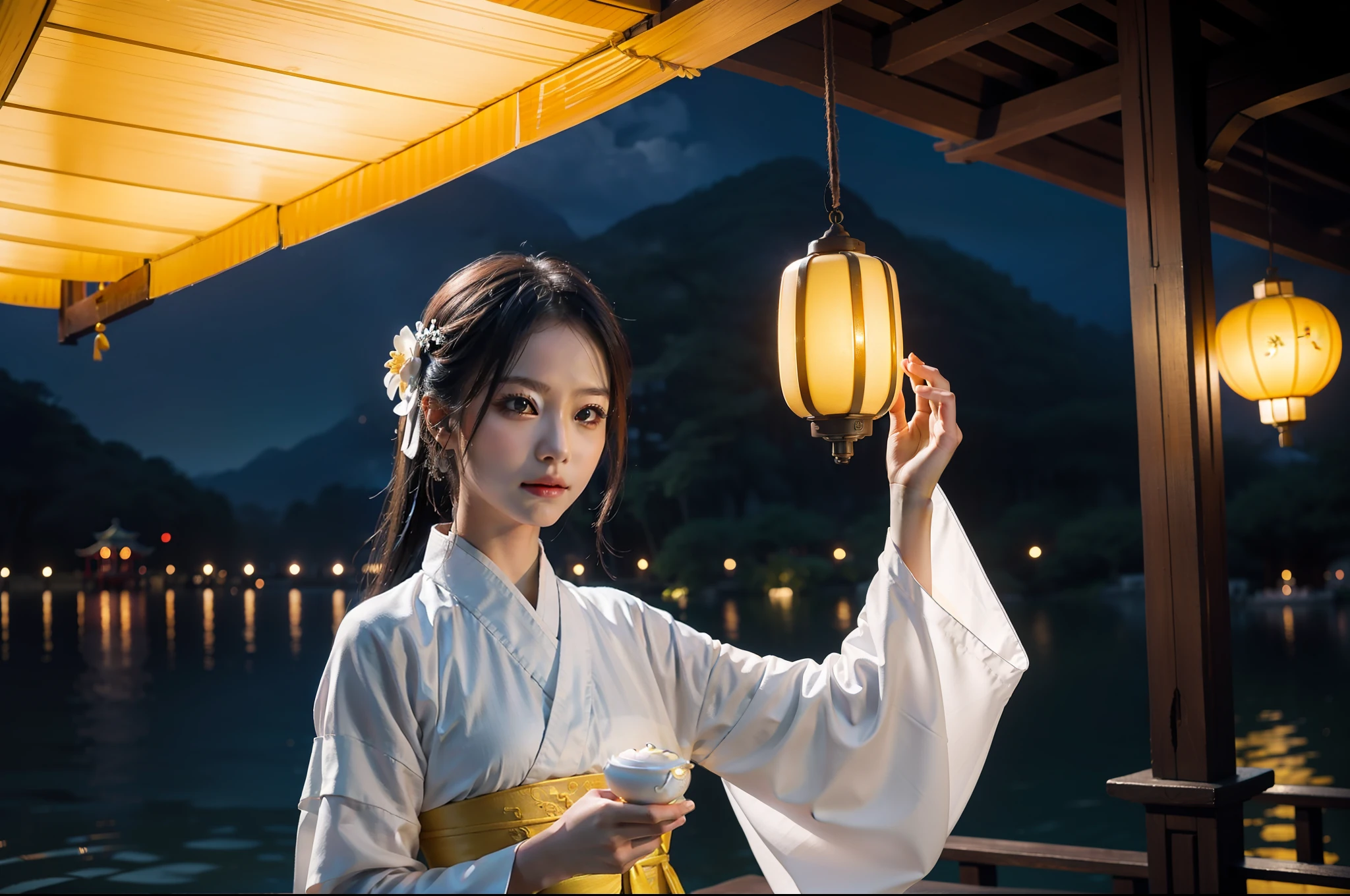 A gorgeous model dressed in white Hanfu and holding a small yellow lantern of delicate ancient China in her hand, in the pavilion by the dreamy West Lake of Hangzhou, outdoors, deep blue sky in the early morning, night view, photography grade lighting, 4K, product shooting, realistic details, perfect photos, close-up -ar 3:4 --q 2 --v 5 --s 750