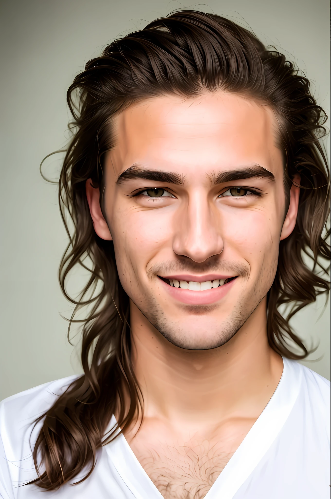 (8K, HDR, Hi-Res), (((Photography, RAW Photography, Hyperrealism, Masterpiece, Best Quality, Ultra High Definition)))), (Pin Light, Backlight, Backlight, Cinematic Light), Sharp Focus: 1. 4, (hyper detail, fine detail),
1 Male, fearless face, deep cut eyes, nose with straight nose, thin lips, thick eyebrows, long eyelashes. ruddy skin, pale and stubble, uncropped hair, brown hair, white cutter shirt, smile: 1.4,