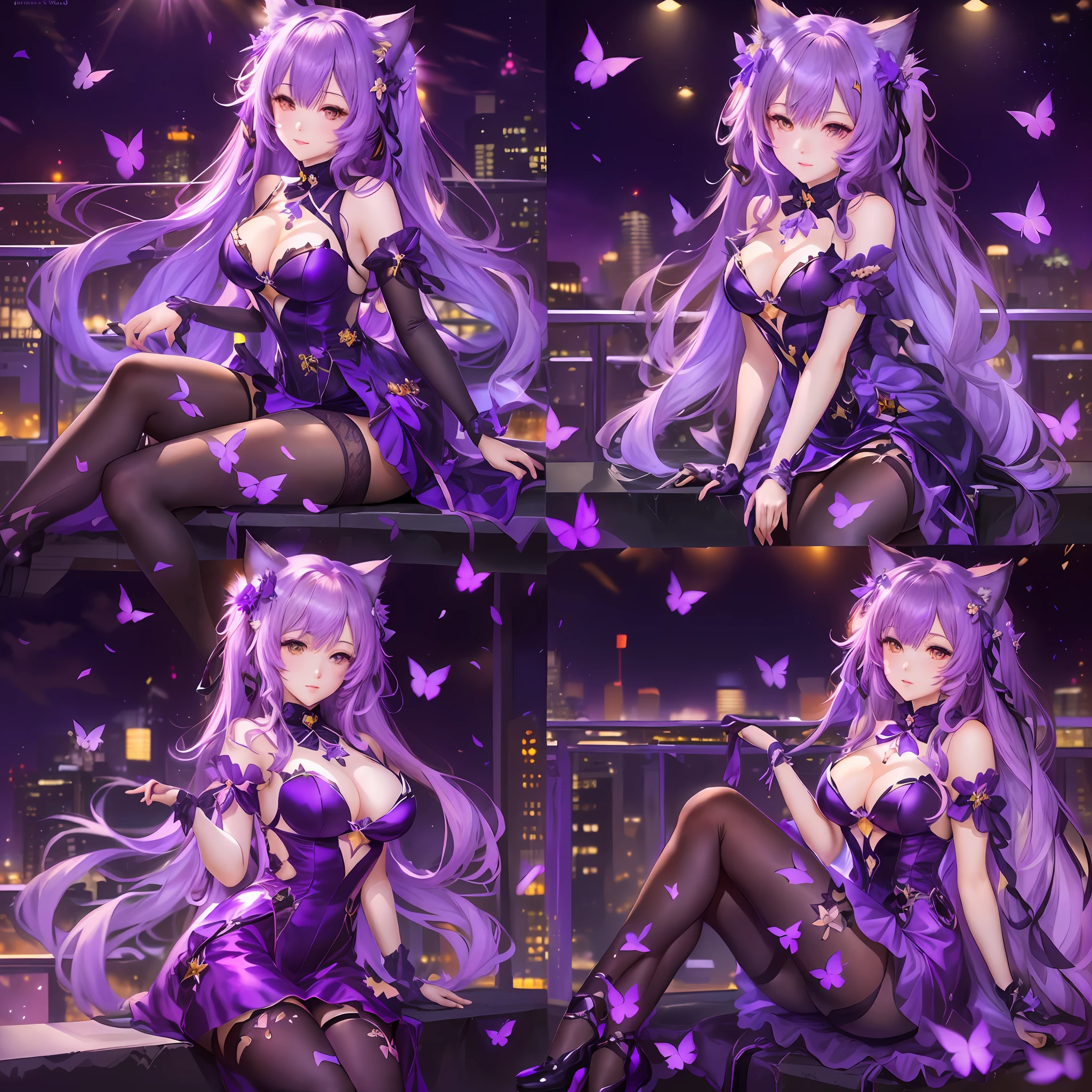 a close up of a woman in a purple dress sitting on a ledge, very beautiful anime cat girl, anime moe artstyle, beautiful anime catgirl, seductive anime girl, attractive cat girl, from girls frontline, cute anime catgirl, anime catgirl, holo is a wolf girl, ayaka genshin impact, marin kitagawa fanart