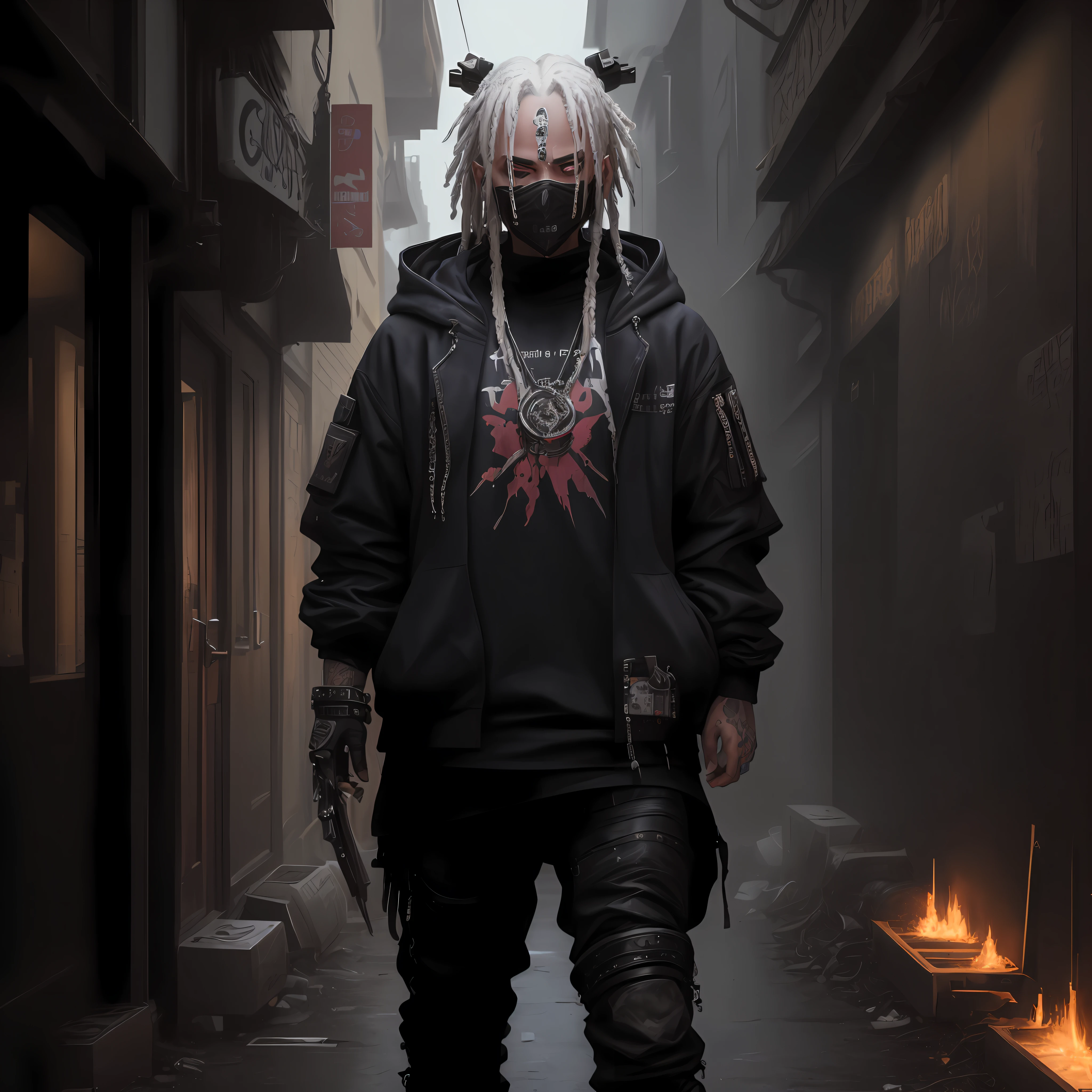 there is a man with dreadlocks standing in a dark alley, cyberpunk street goon, badass anime 8 k, digital cyberpunk anime art, in cyberpunk style, cyberpunk character, cyberpunk character art, cyberpunk digital painting, cyberpunk artstyle, cyberpunk dude, cyberpunk art style, digital cyberpunk - anime art, hyper-realistic cyberpunk style, cyberpunk digital art, cyberpunk streetwear, ((ultra realistic details)), arafed white man with white dreadlocks and a hoodie standing in a dark hallway, black mask, blue eyes, badass anime, portrait, global illumination, shadows, octane render, 8k, ultra sharp, metal, intricate, ornaments detailed, perfectly drawn, perfect proportions, cold colors, lil peep, lil pump, xxxtentacion, justin bieber, marshal maters, highly intricate details, realistic light, trending on cgsociety, glowing eyes, facing camera, sicko, trending, ashy, photo from a promo shoot, end of an era, official artwork, promo image, dark walls, steampunk, punk, trapstar, album cover, white man, blue eyes, chains, rings, holding a microphone, lil peep, masked, shinobi, alternate album cover, album cover!, xxxtentacion, album art cover, album art, new album cover, yung lean, music album cover, album cover, rap album cover, colored album art, hardops, arca album cover, an album cover, album artwork, sicko, trending, anime artsyle, dark, darkness, shadows, orange, blood, crime, katana, bandana, shinobi mask, perfect proportions, beautiful eyes, beautiful face, amazing, masterpiece, high resolution, 8k, 3d, shadows, lights, purple shades, perfectly drawn