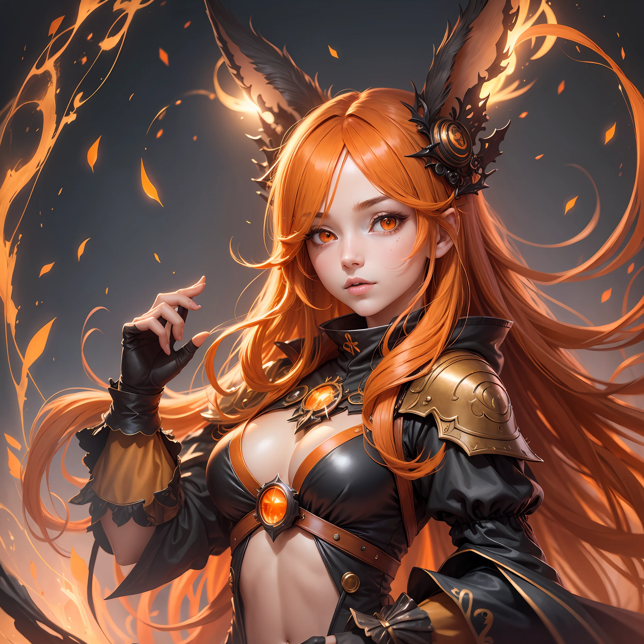 1 girl, hair covering one eye, orange hair, long hair, orange eyes, orange rabbit ears, (mature), (adult), fantasy clothing, glowing light, 4K --auto --s2