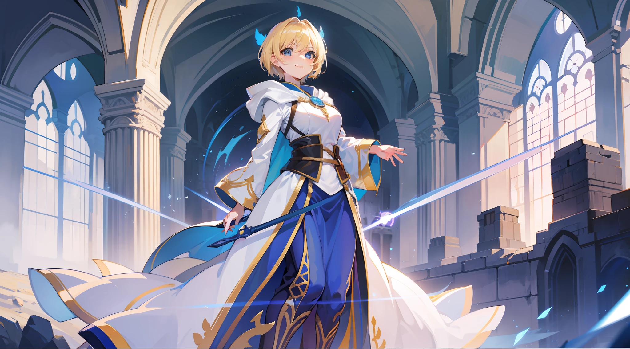 a girl, cleric, blonde, short hair, bright blue eyes, beautiful breasts, hair between eyes, bangs, full body, confident, heroic posture, smiling, looking at camera, white and blue robe, cape, hood lowered, fantasy, medieval, rays of sun