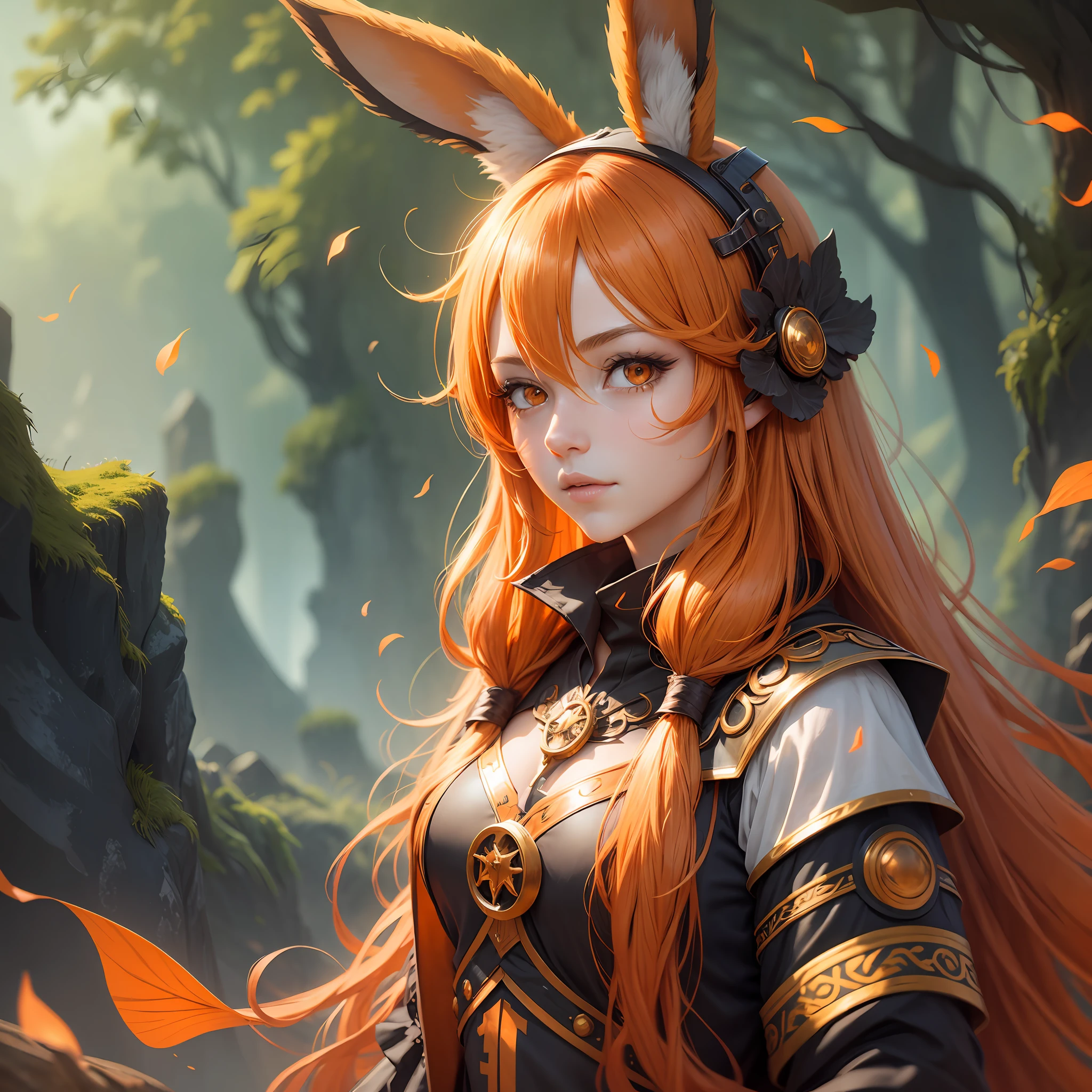 1 girl, hair covering one eye, orange hair, long hair, orange eyes, orange rabbit ears, (mature), (adult), fantasy clothing, glowing light, 4K --auto --s2