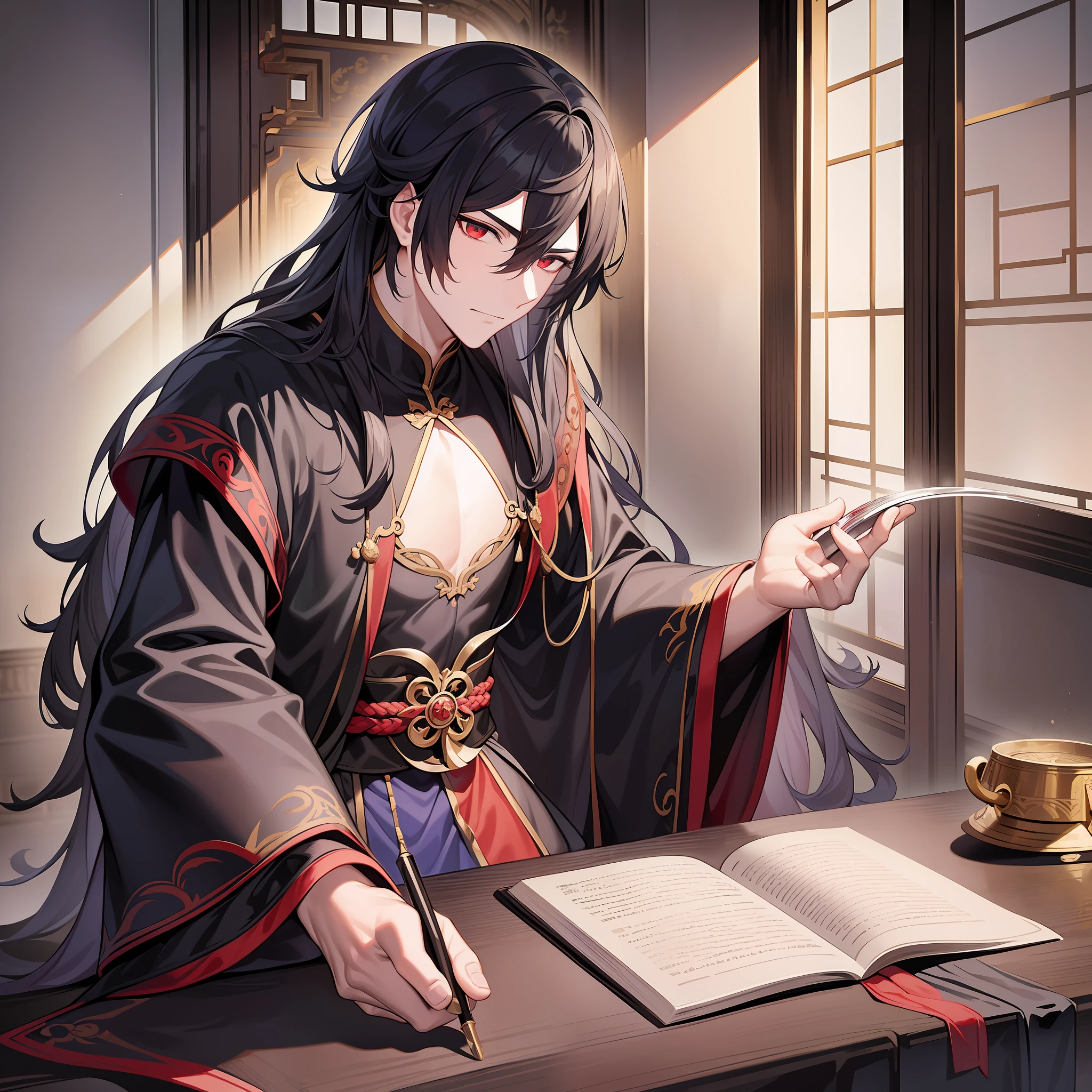 In this magnificent ancient palace, a domineering black-haired costumed Taoist priest appears in the center of the picture. He was wearing a black Daoist robe, and the line of his clothes was sharp and strong, beating with the wind, which made people can't help but give birth to a murderous aura. He holds a long sword with the tip pointing all the way to the ground, showing the protagonist's desire and pursuit of power and power. The whole picture adopts black as the main color, and the doors, windows and walls in the room are red, giving people a humble and psychedelic feeling. Through the composition of the picture, it seems to exude an inviolable faith and domineering. Through his image and expression, this Taoist priest shows a sense of charming majesty. He is domineering, although he is a literati, but from his image and posture shows a strong golden iron horse spirit. With an enlarged mind and unique self-confidence, he is constantly moving towards his goal. The whole picture is full of a strong sense of extraordinariness and arrogance, conveying a domineering and powerful atmosphere, showing the protagonist's pursuit and persistence in power and superiority. The composition and artistic conception of the image are very good, leaving a very impression and bringing out that domineering and majestic.
