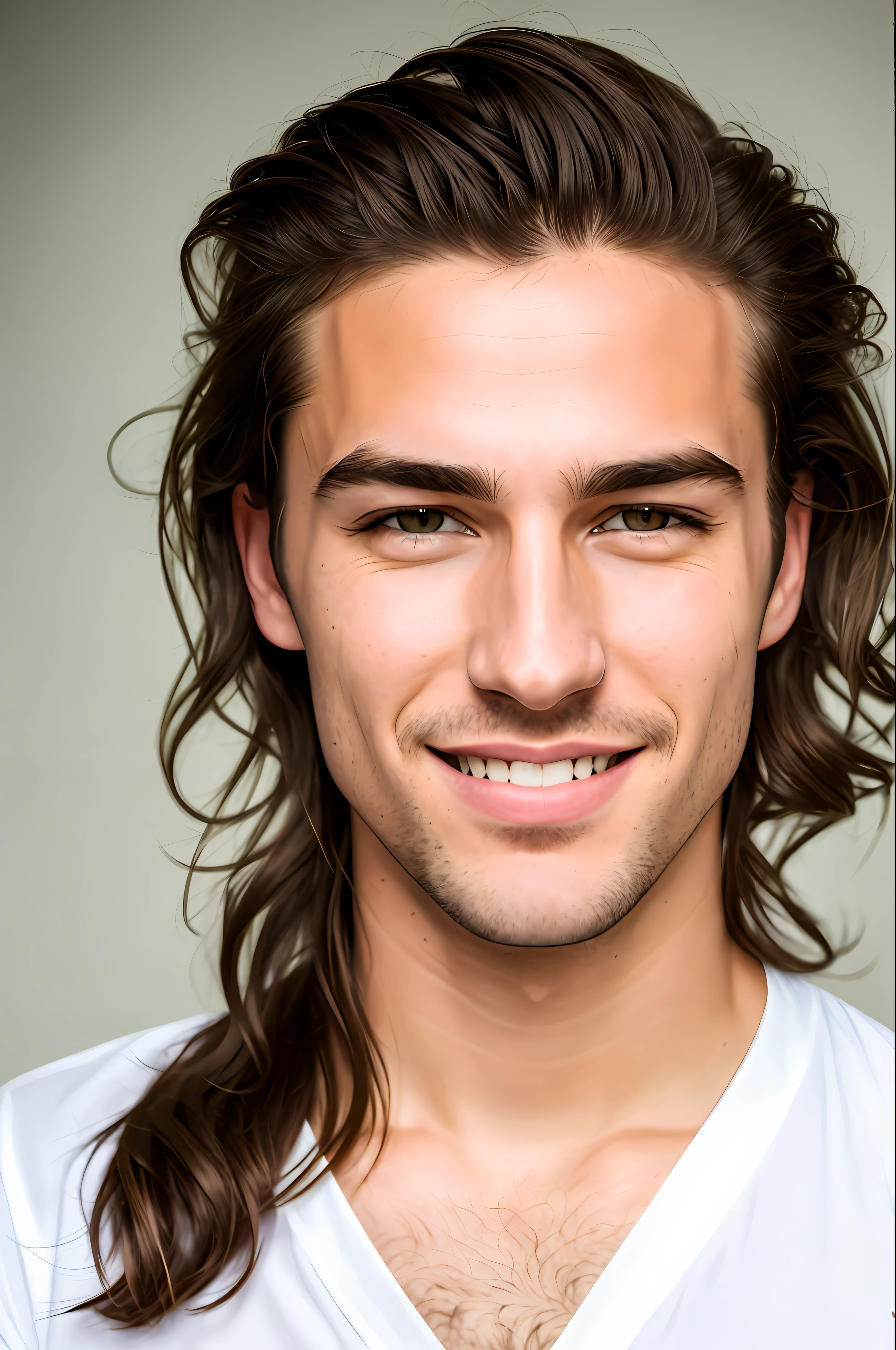 (8K, HDR, Hi-Res), (((Photography, RAW Photography, Hyperrealism, Masterpiece, Best Quality, Ultra High Definition)))), (Pin Light, Backlight, Backlight, Cinematic Light), Sharp Focus: 1. 4, (hyper detail, fine detail),
1 Male, fearless face, deep cut eyes, nose with straight nose, thin lips, thick eyebrows, long eyelashes. ruddy skin, pale and stubble, uncropped hair, brown hair, white cutter shirt, smile: 1.4,