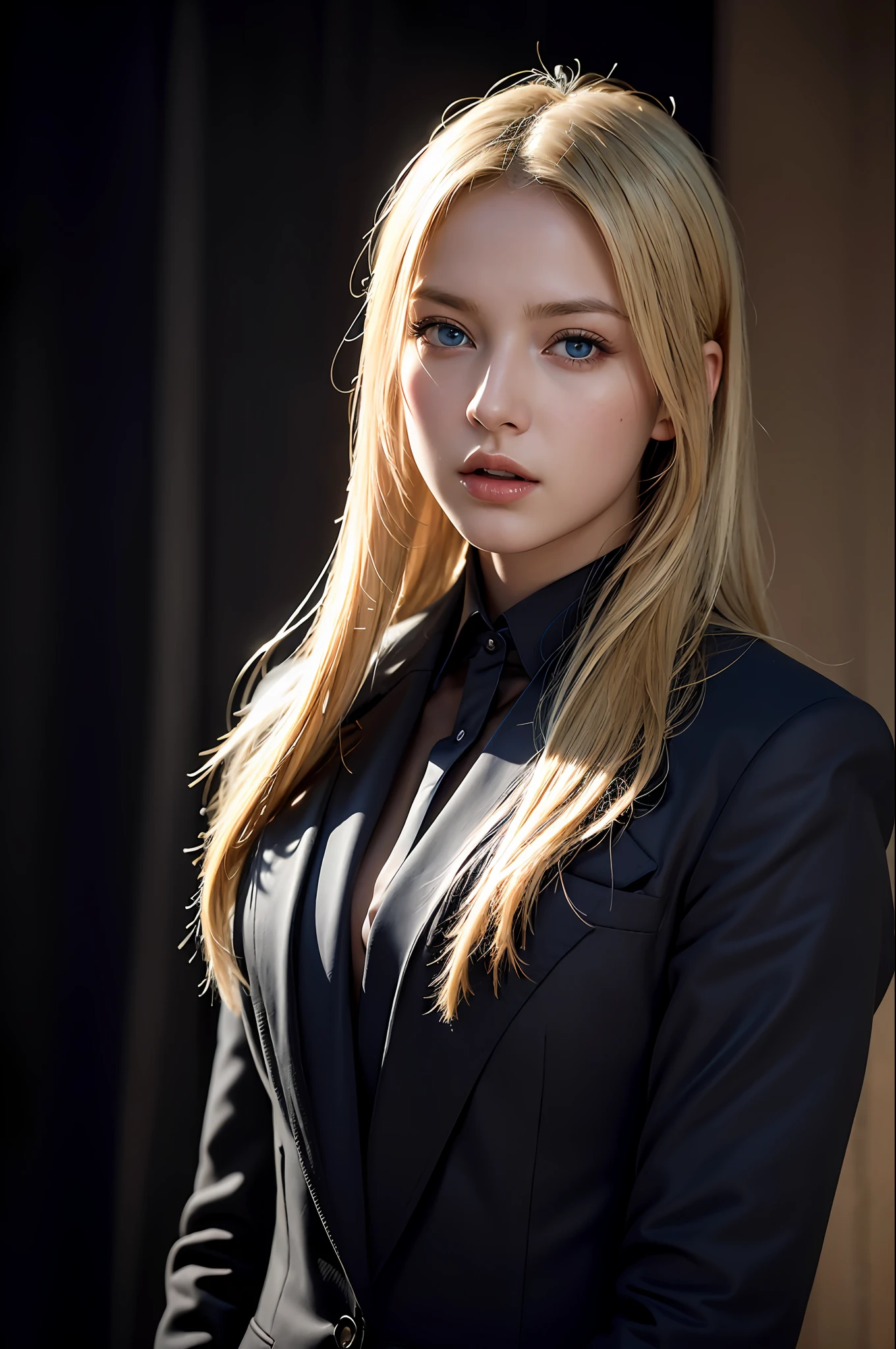 Best quality, masterpiece, ultra high res, (photorealistic:1.4), raw photo, 1girl, blonde hair, blue eyes, detailed eyes and face, black suit, dynamic lighting, in the dark, deep shadow, low key, cowboy shot full-lenght body