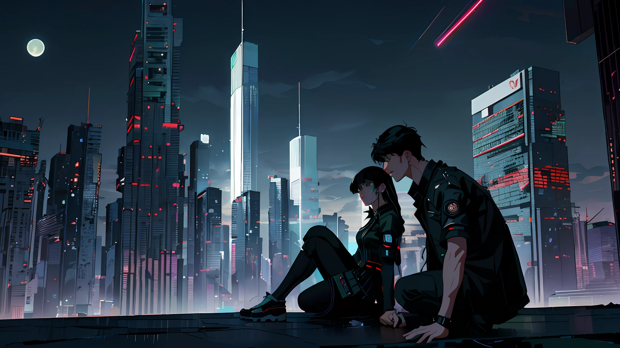 Men and women sitting on the ground, crying and stretching out their hands, looks sad and solemn, detailed eyes, beautiful green eyes, emotional picture. Cyberpunk night background, tall building tower. Moon, Night, Sadness, Drama, Man with Black Hair, Cyberpunk Clothes